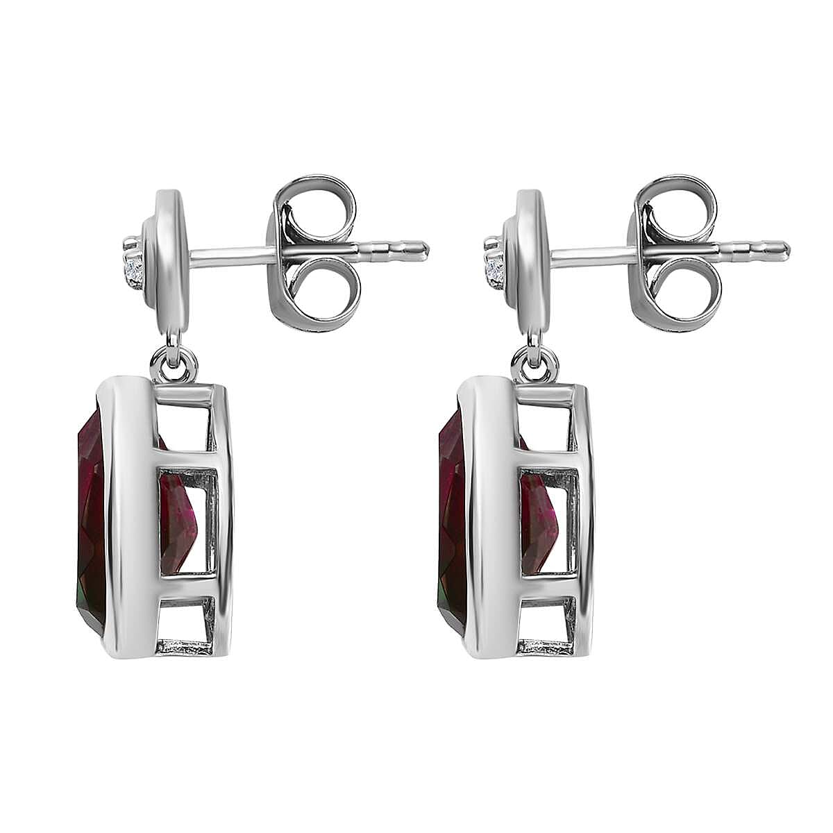Watermelon Colour Tourmaline Quartz and Natural Zircon Dangle Earrings in Platinum Overlay Sterling Silver 4.23 Ct.