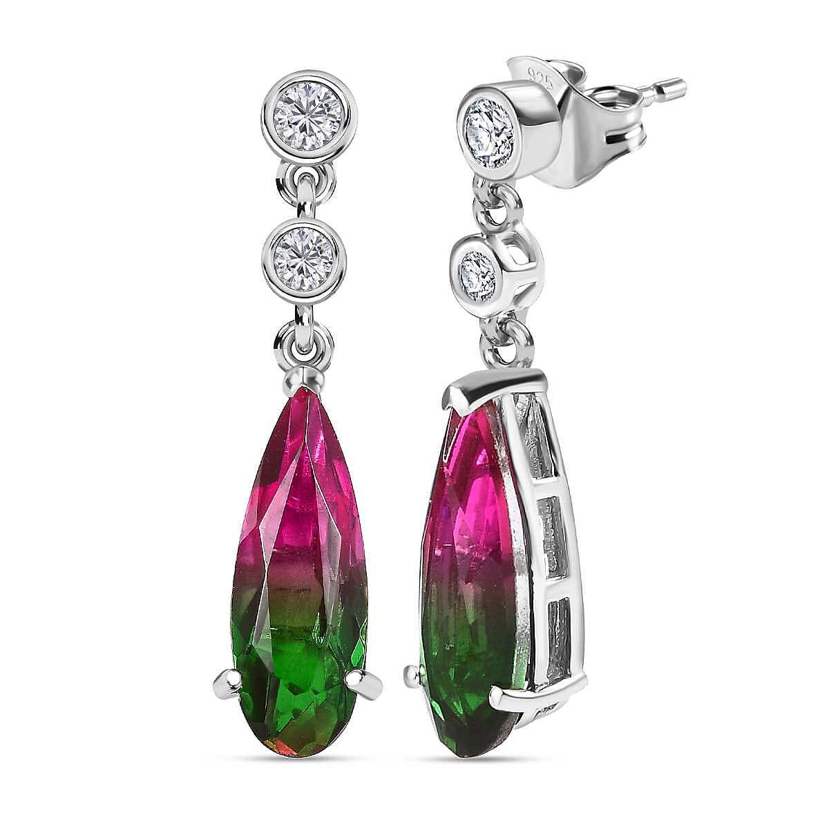 Watermelon Colour Tourmaline Quartz and Natural Zircon Dangle Earrings in Platinum Overlay Sterling Silver 6.00 Ct