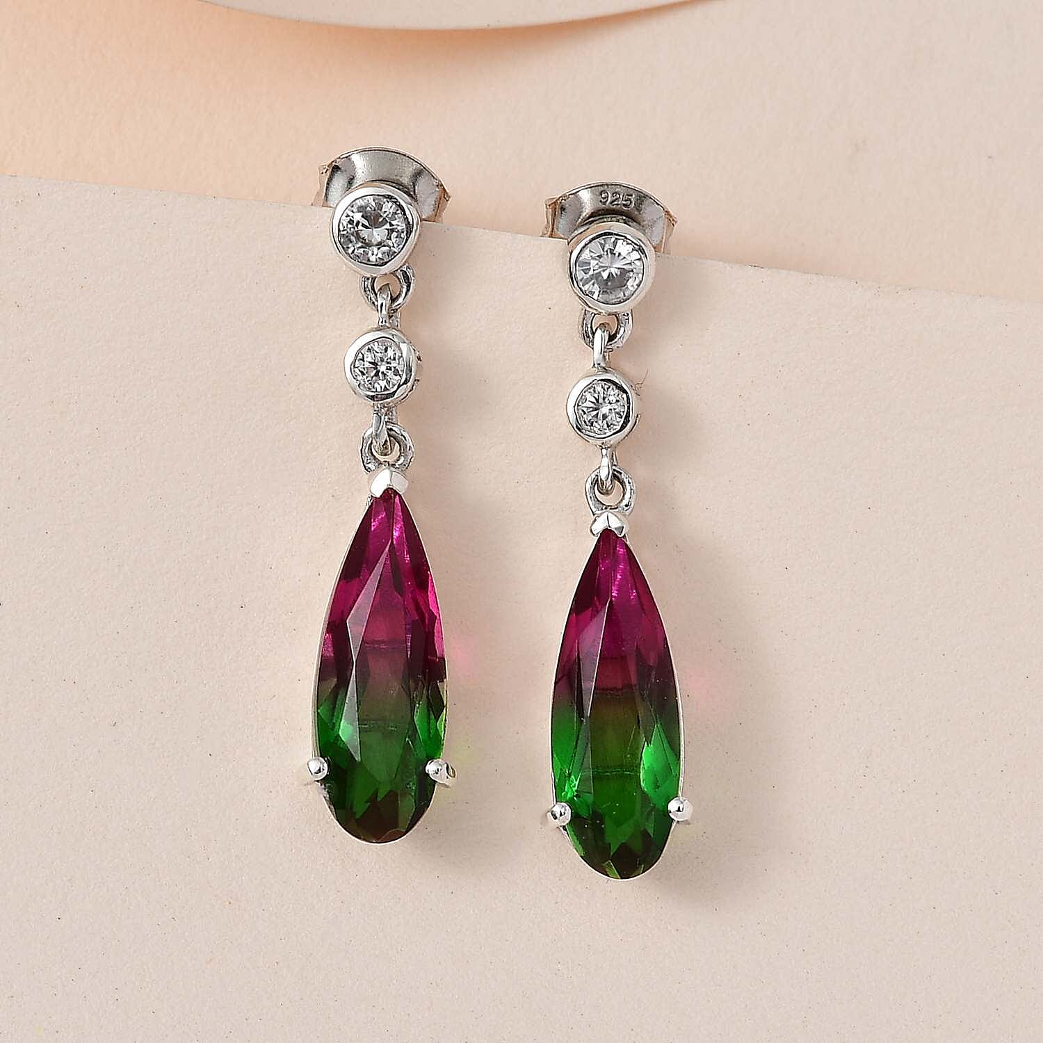 Watermelon Colour Tourmaline Quartz and Natural Zircon Dangle Earrings in Platinum Overlay Sterling Silver 6.00 Ct