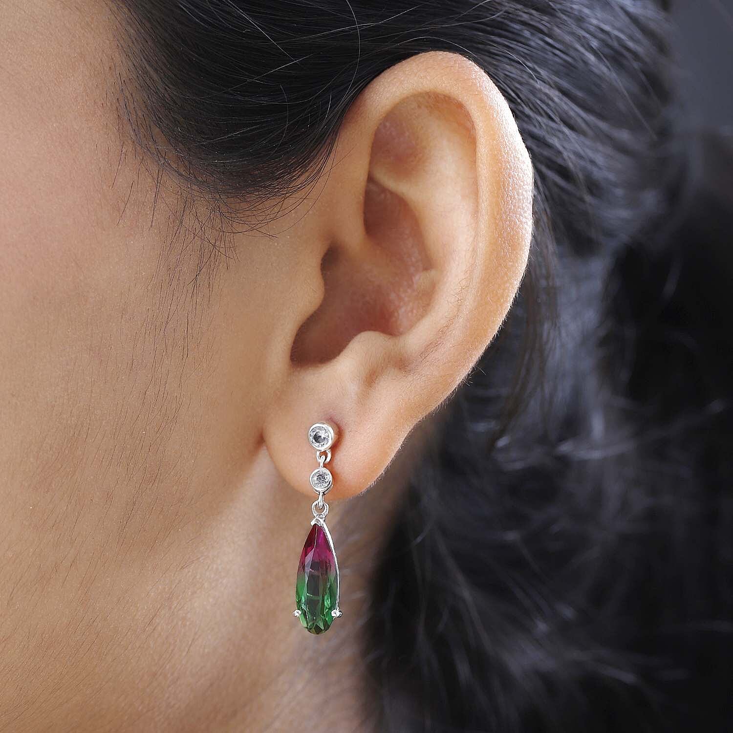 Watermelon Colour Tourmaline Quartz and Natural Zircon Dangle Earrings in Platinum Overlay Sterling Silver 6.00 Ct