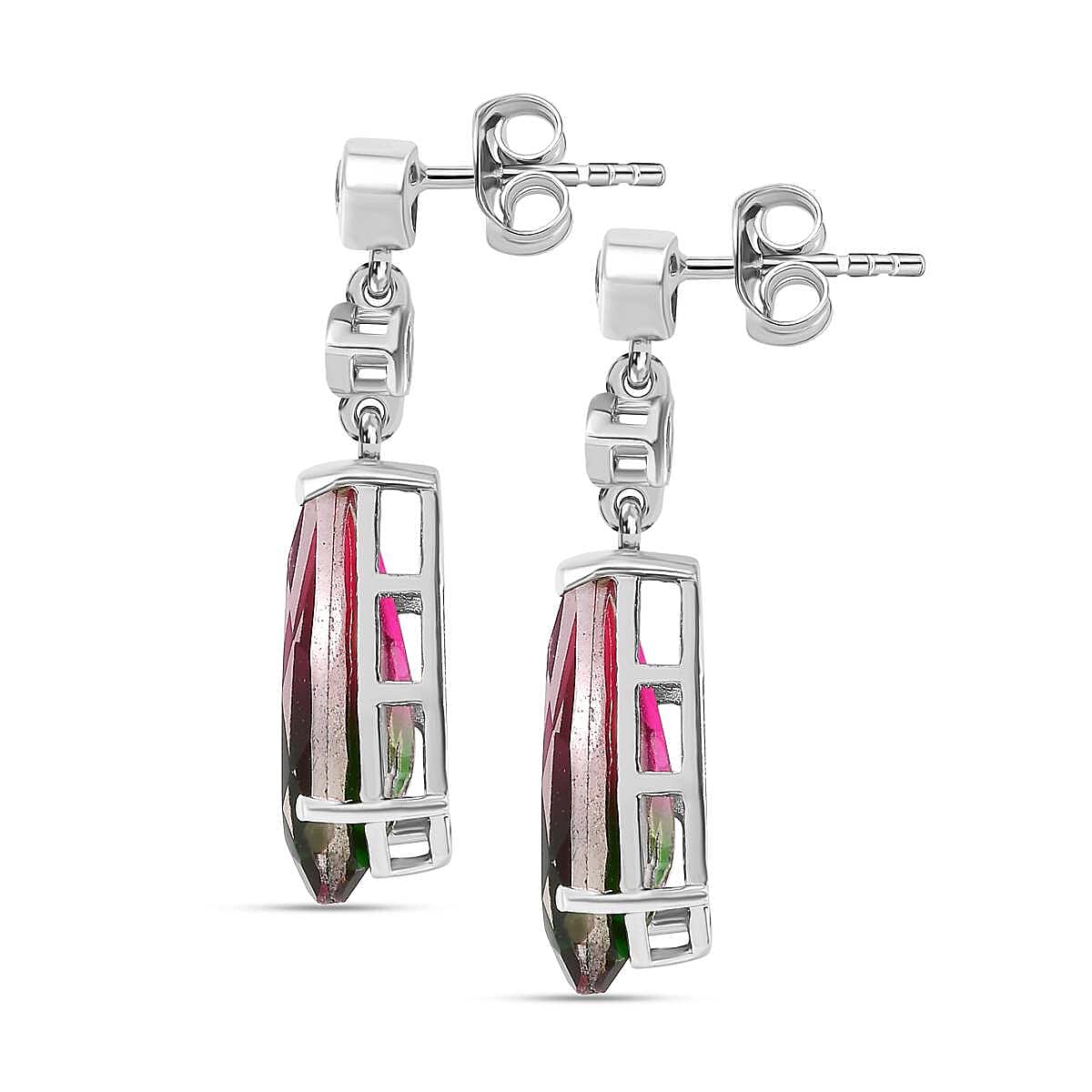 Watermelon Colour Tourmaline Quartz and Natural Zircon Dangle Earrings in Platinum Overlay Sterling Silver 6.00 Ct