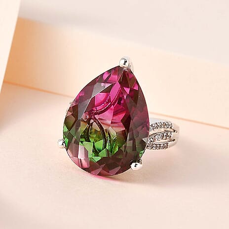 Watermelon Colour Tourmaline Quartz & Natural Zircon Ring in Platinum Overlay Sterling Silver 16.92 Ct.