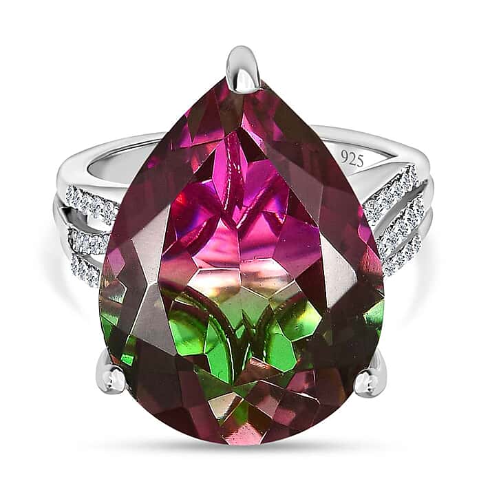 D'Joy Watermelon Colour Tourmaline Quartz & Natural Zircon Pear Cut Solitaire Ring in Platinum Overlay Sterling Silver 16.58 Ct.