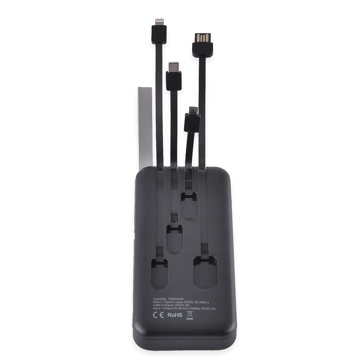 10000mAh Power Bank with Solar Panel & Built in 5 Outputs (4 Cables & 1 USB A Port) - Black