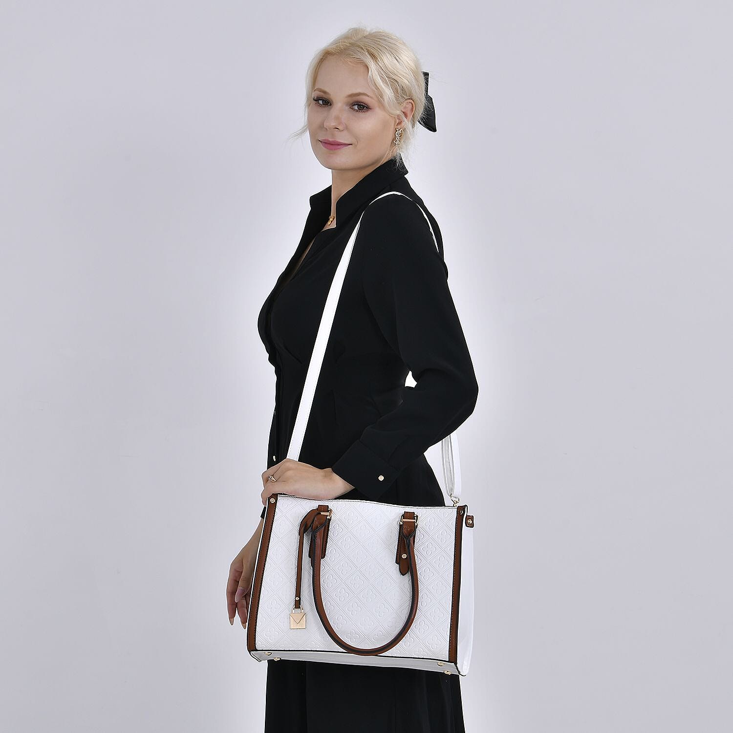 Embossed Four Leaf Clover Pattern Crossbody Bag With Handle Drop - White & Tan