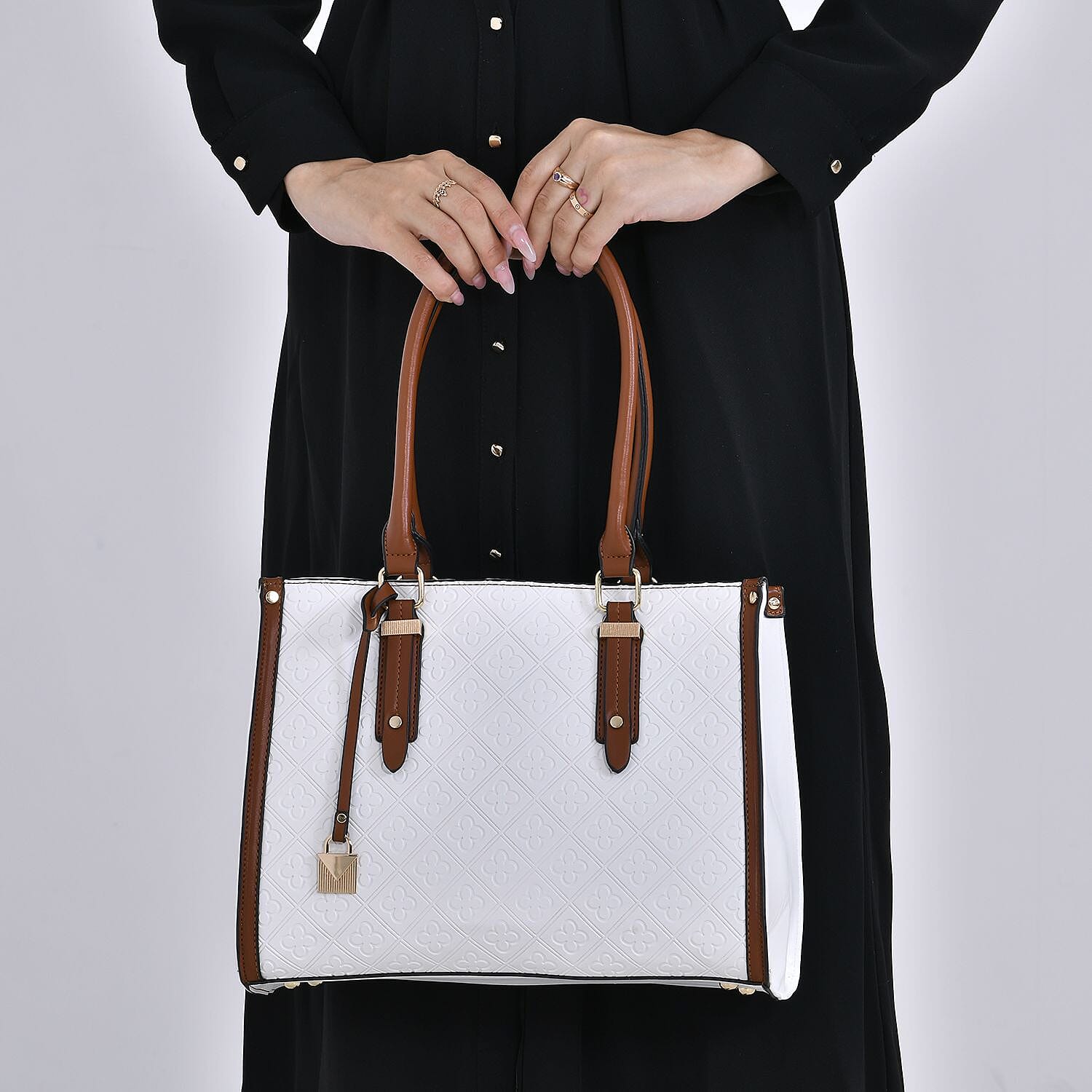 Embossed Four Leaf Clover Pattern Crossbody Bag With Handle Drop - White & Tan