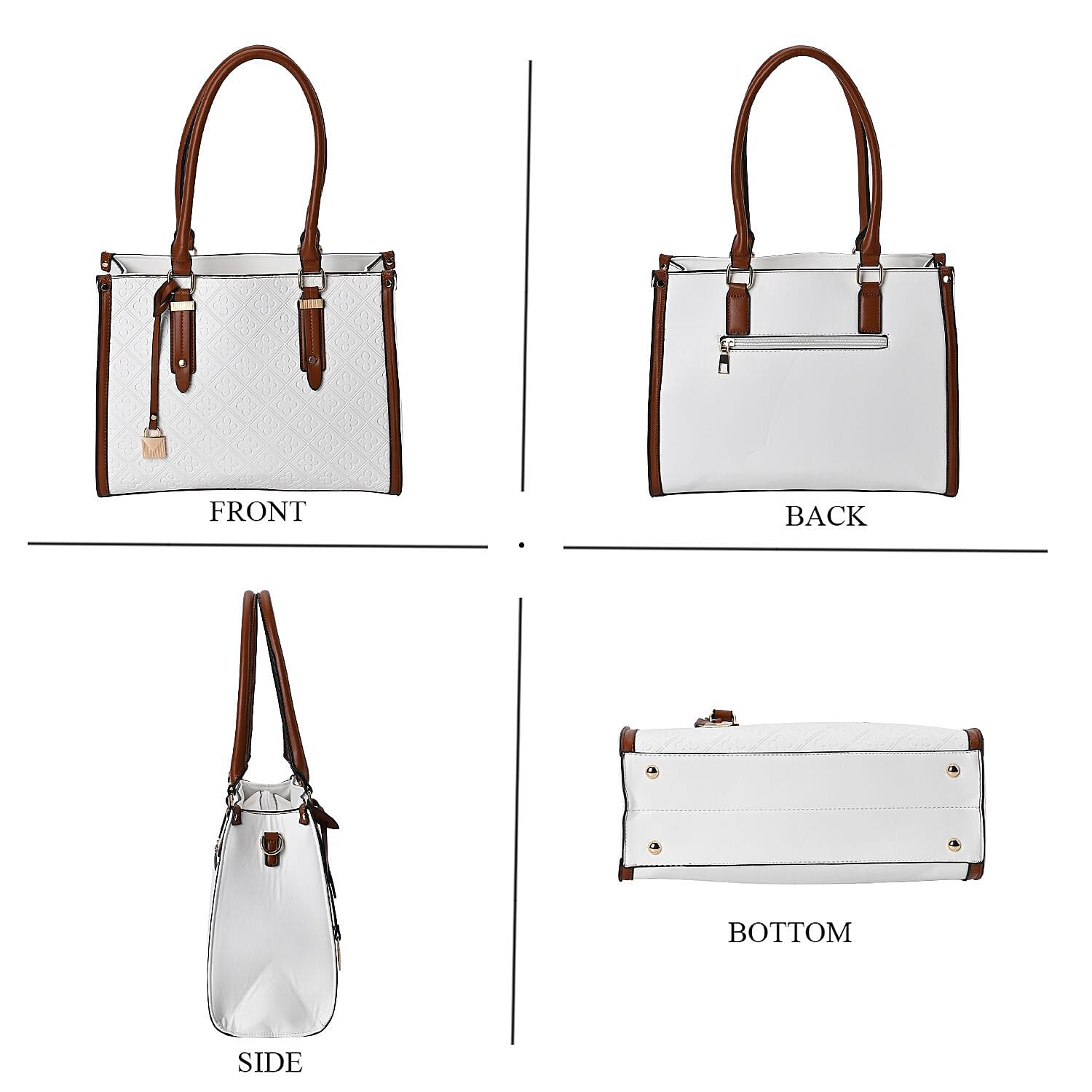 Embossed Four Leaf Clover Pattern Crossbody Bag With Handle Drop - White & Tan