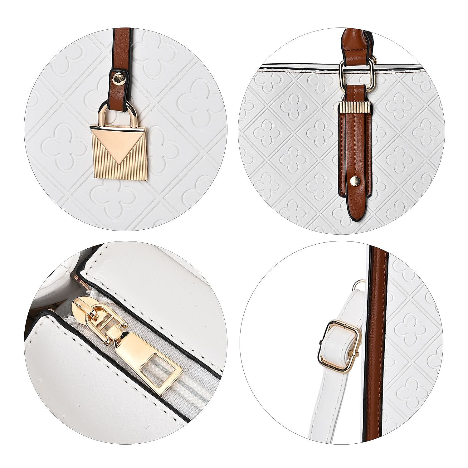 Embossed Four Leaf Clover Pattern Crossbody Bag With Handle Drop - White & Tan