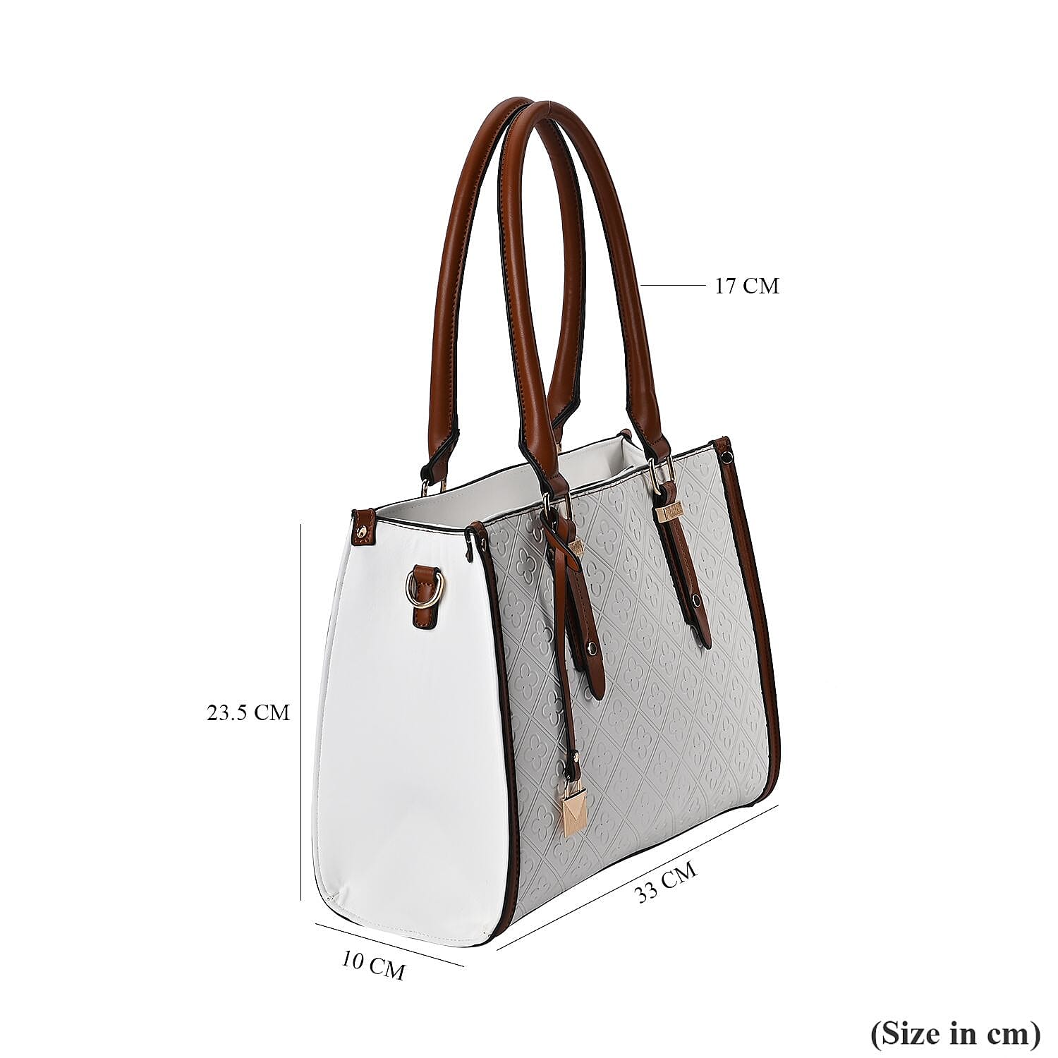 Embossed Four Leaf Clover Pattern Crossbody Bag With Handle Drop - White & Tan