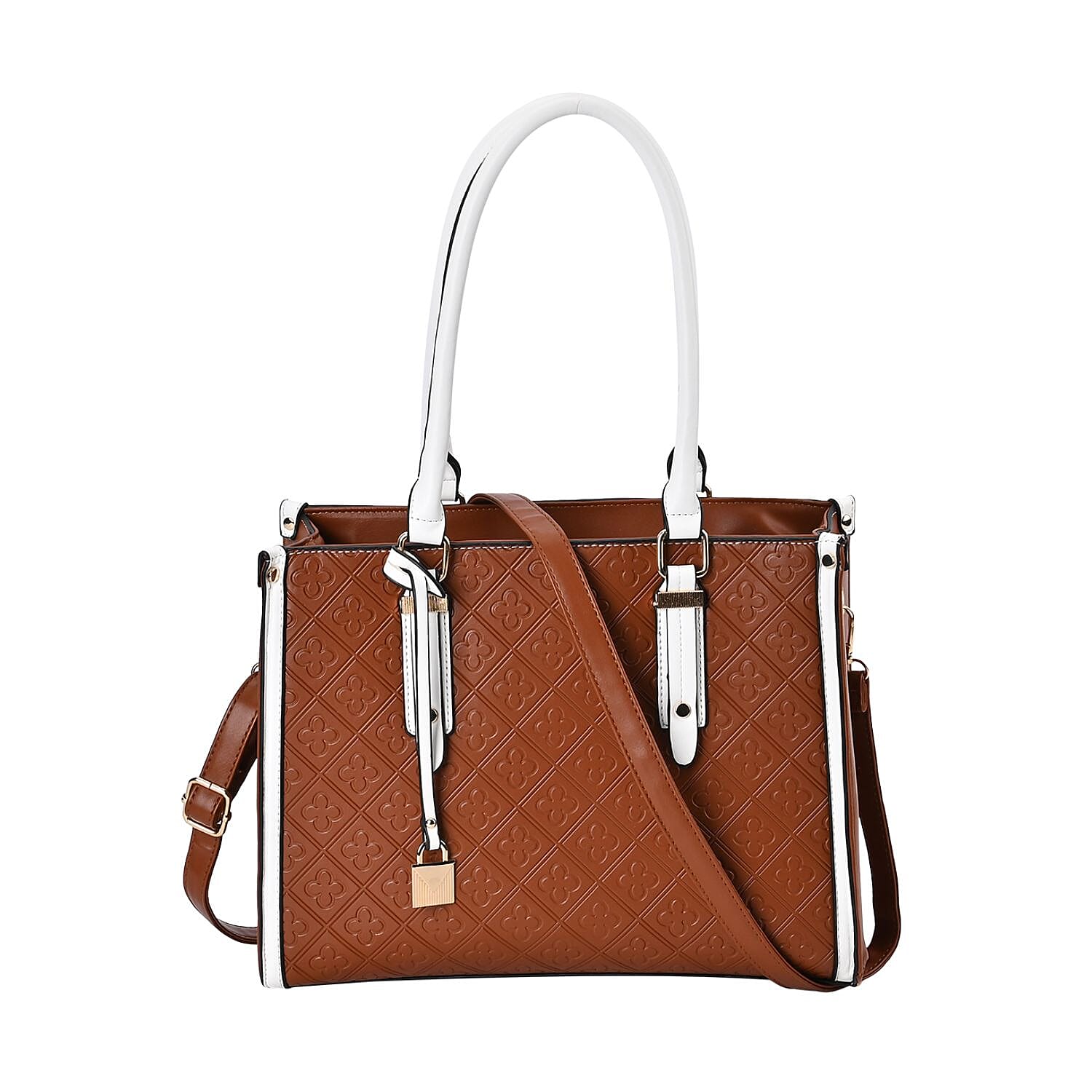 Embossed Four Leaf Clover Pattern Leatherette Crossbody Bag With Handle Drop - Tan & White