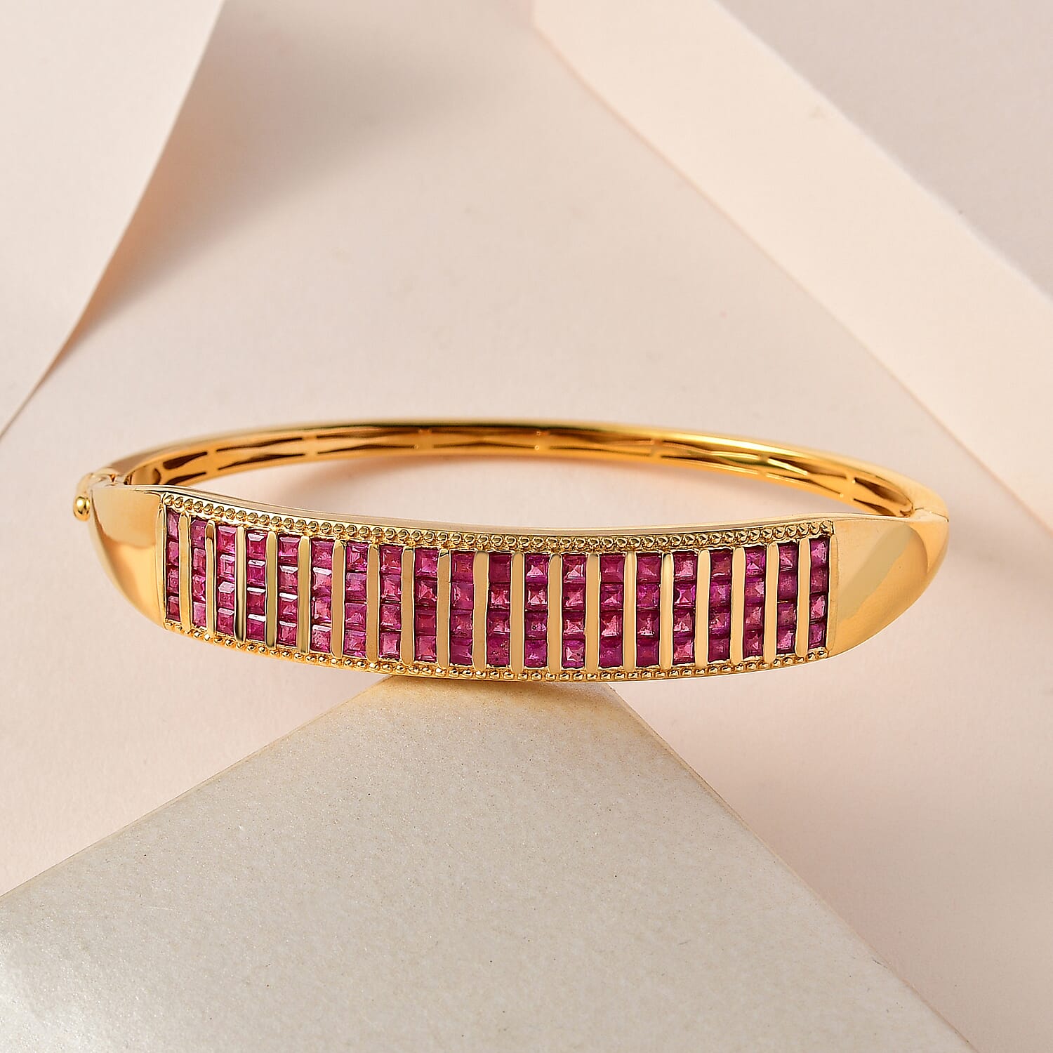 African Ruby Bangle (Size - 7.5) in 18K Vermeil Yellow Gold Plated Sterling Silver 10.50 Ct, Silver Wt. 23.65 Gms