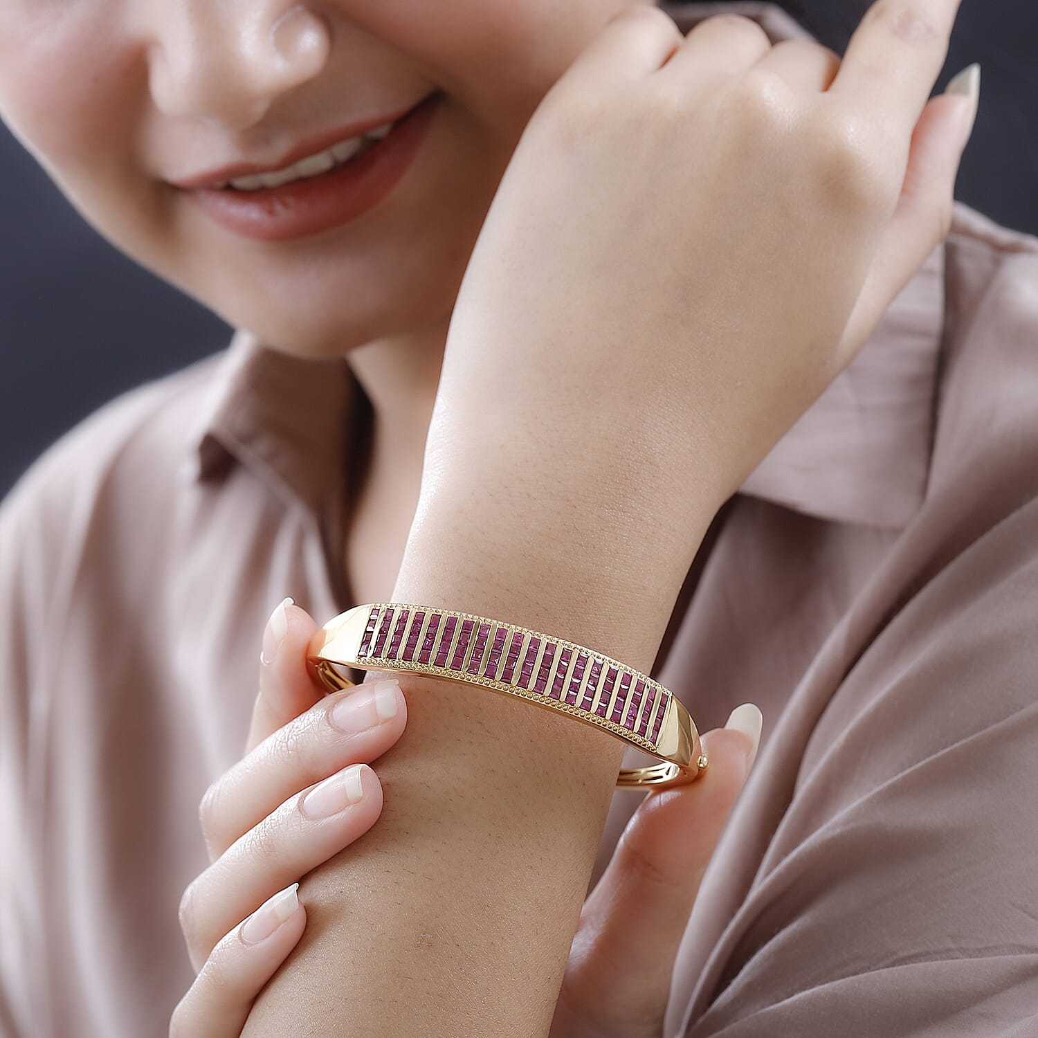 African Ruby Bangle (Size - 7.5) in 18K Vermeil Yellow Gold Plated Sterling Silver 10.50 Ct, Silver Wt. 23.65 Gms