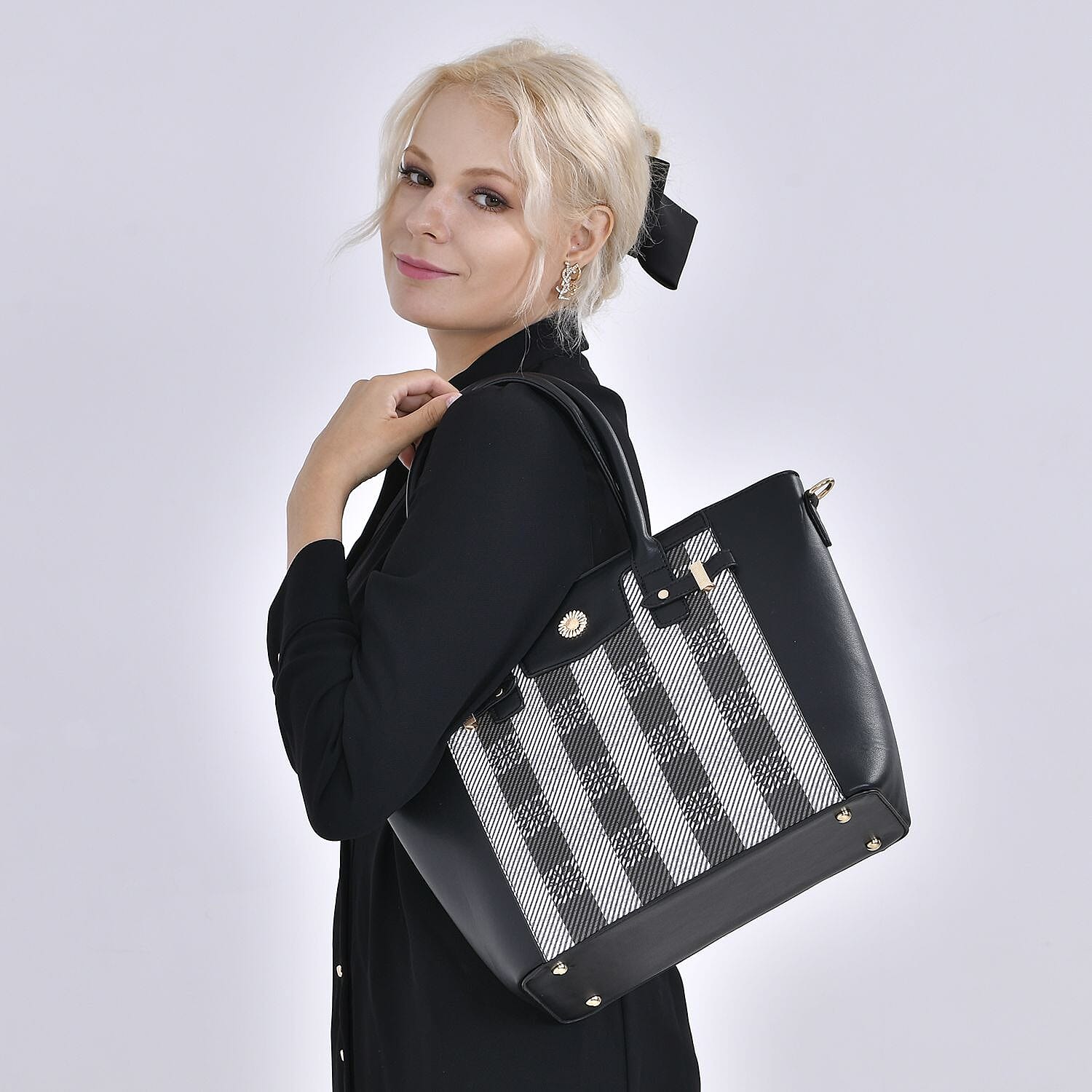 Elegant Checker Pattern Crossbody Bag With Handle Drop - Black