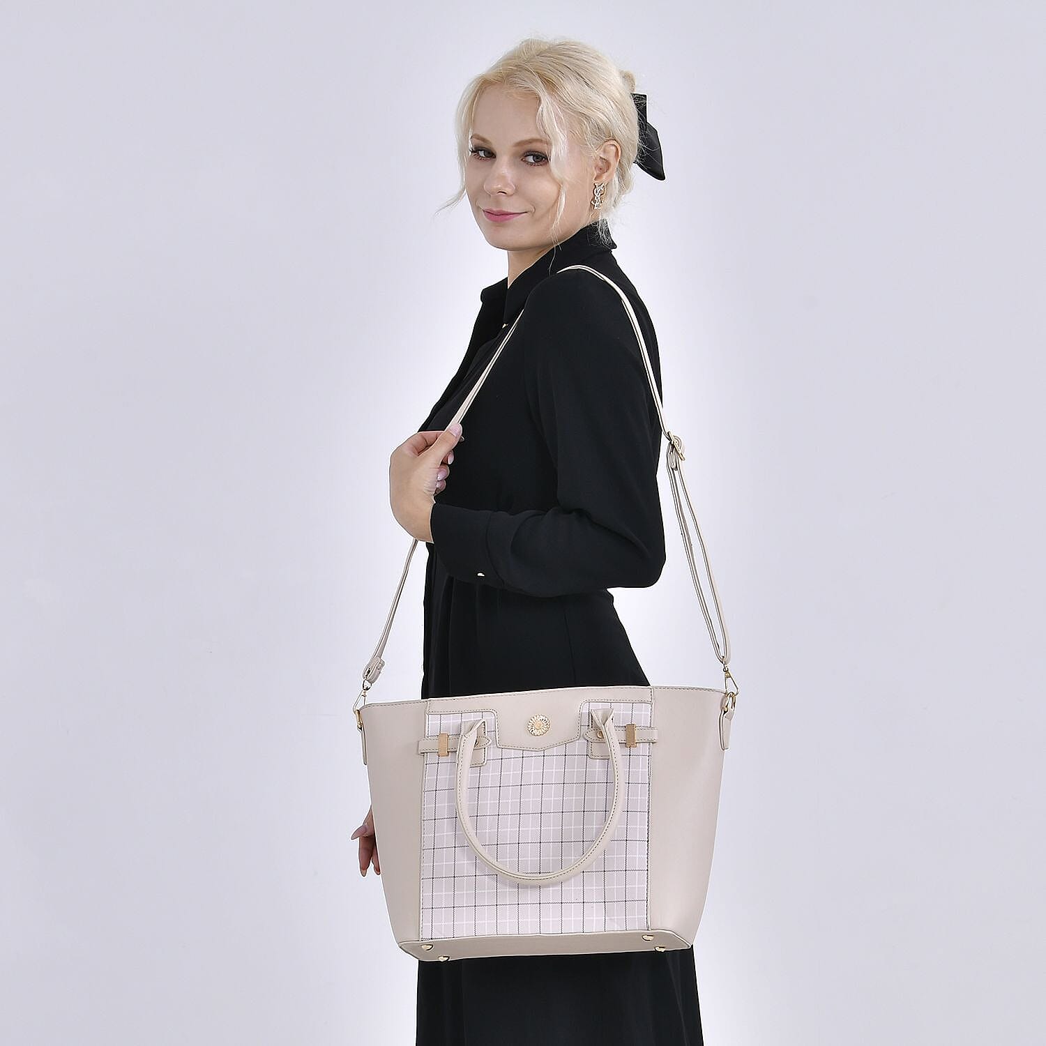 Elegant Checker Pattern Crossbody Bag With Handle Drop - Beige