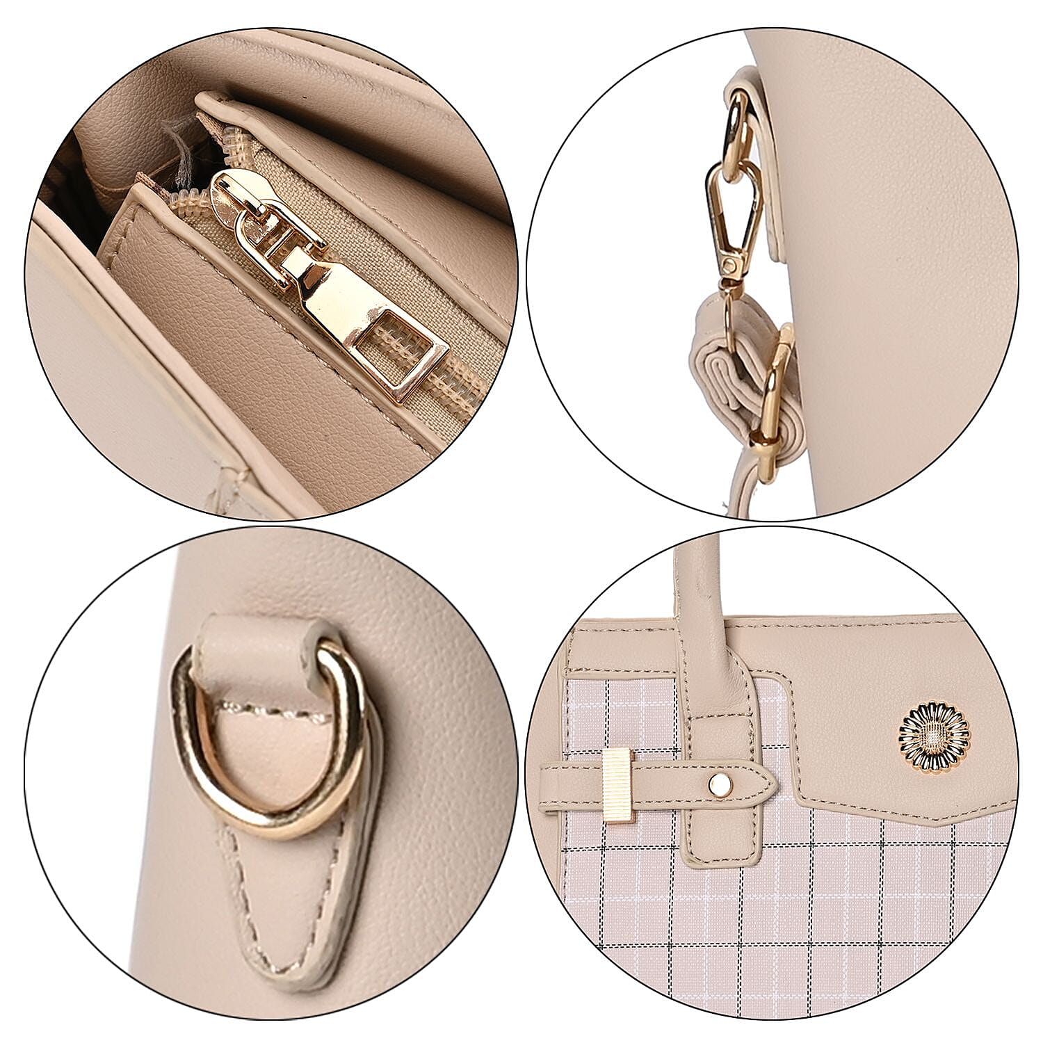 Elegant Checker Pattern Crossbody Bag With Handle Drop - Beige