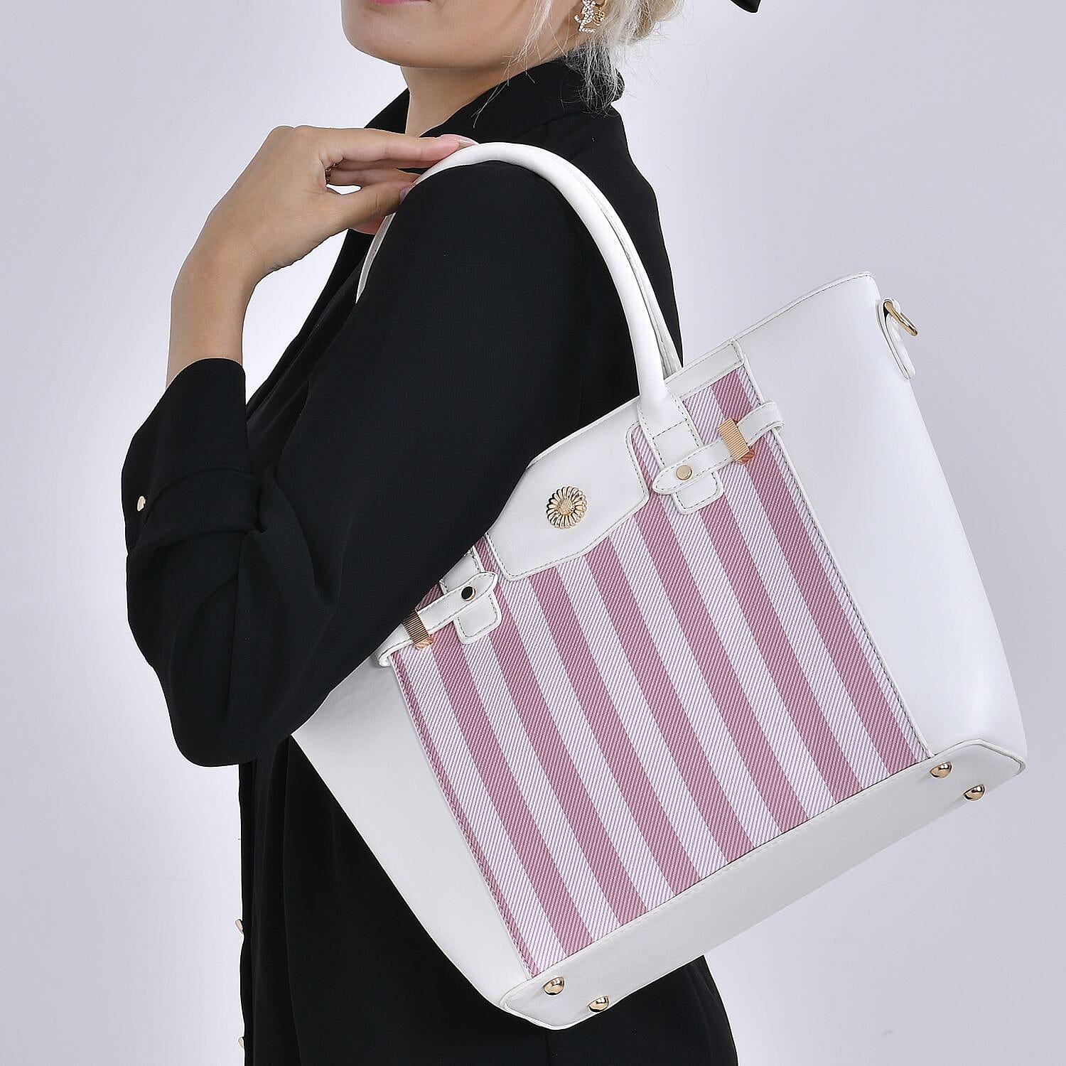 Elegant Checker Pattern Crossbody Bag With Handle Drop - White & Pink