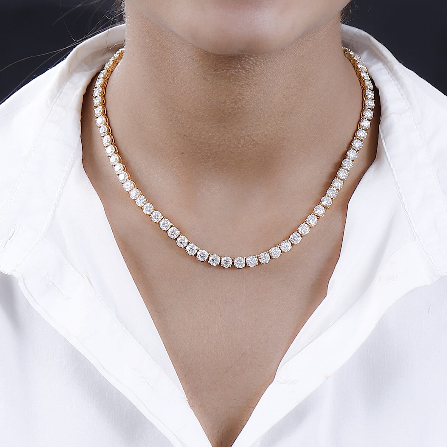 Moissanite Necklace (Size - 18) in 18K Vermeil Yellow Gold Plated Sterling Silver 38.01 Ct, Silver Wt. 22.27 Gms