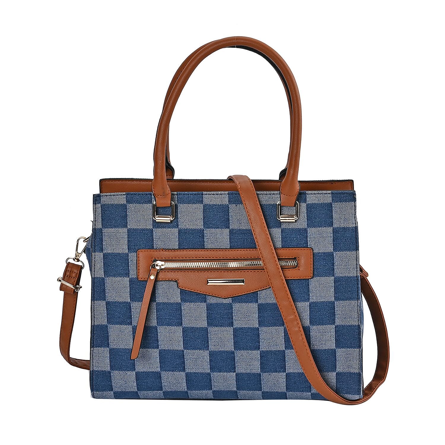 Checker Pattern Crossbody Bag With 2 Exterior Zipper Pockets - Handle Drop - Blue