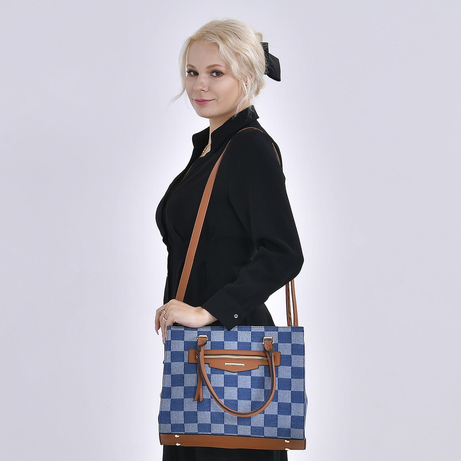 Checker Pattern Crossbody Bag With 2 Exterior Zipper Pockets - Handle Drop - Blue