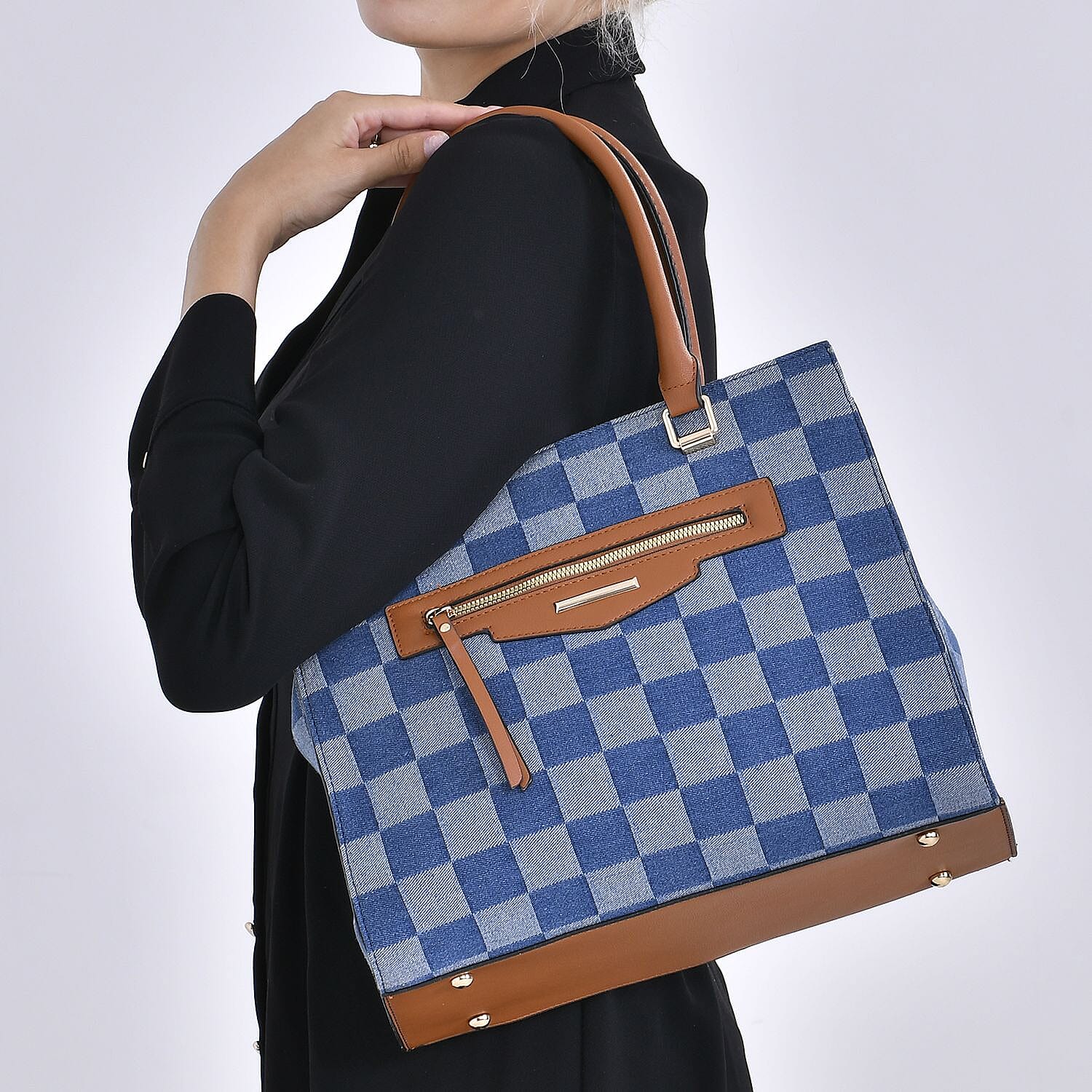 Checker Pattern Crossbody Bag With 2 Exterior Zipper Pockets - Handle Drop - Blue