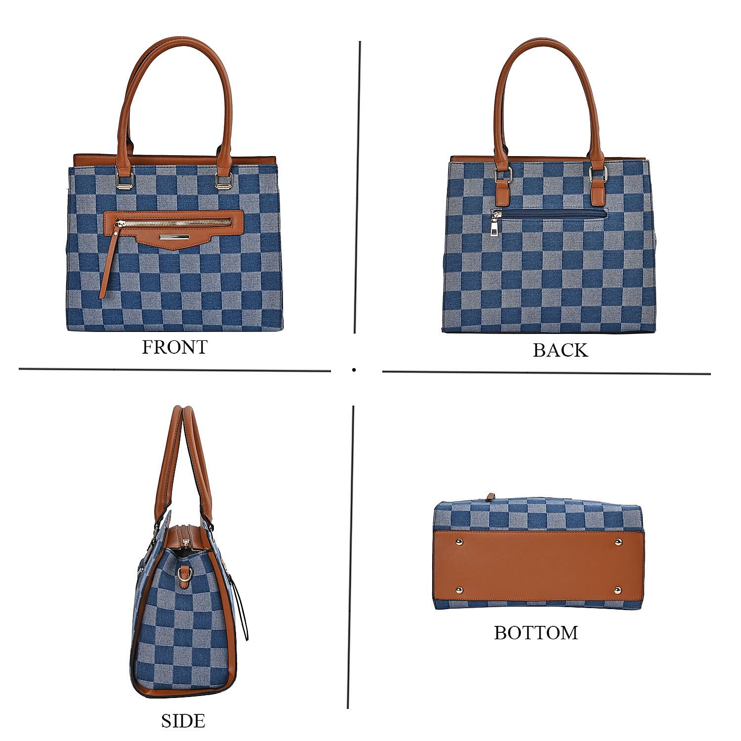 Checker Pattern Crossbody Bag With 2 Exterior Zipper Pockets - Handle Drop - Blue