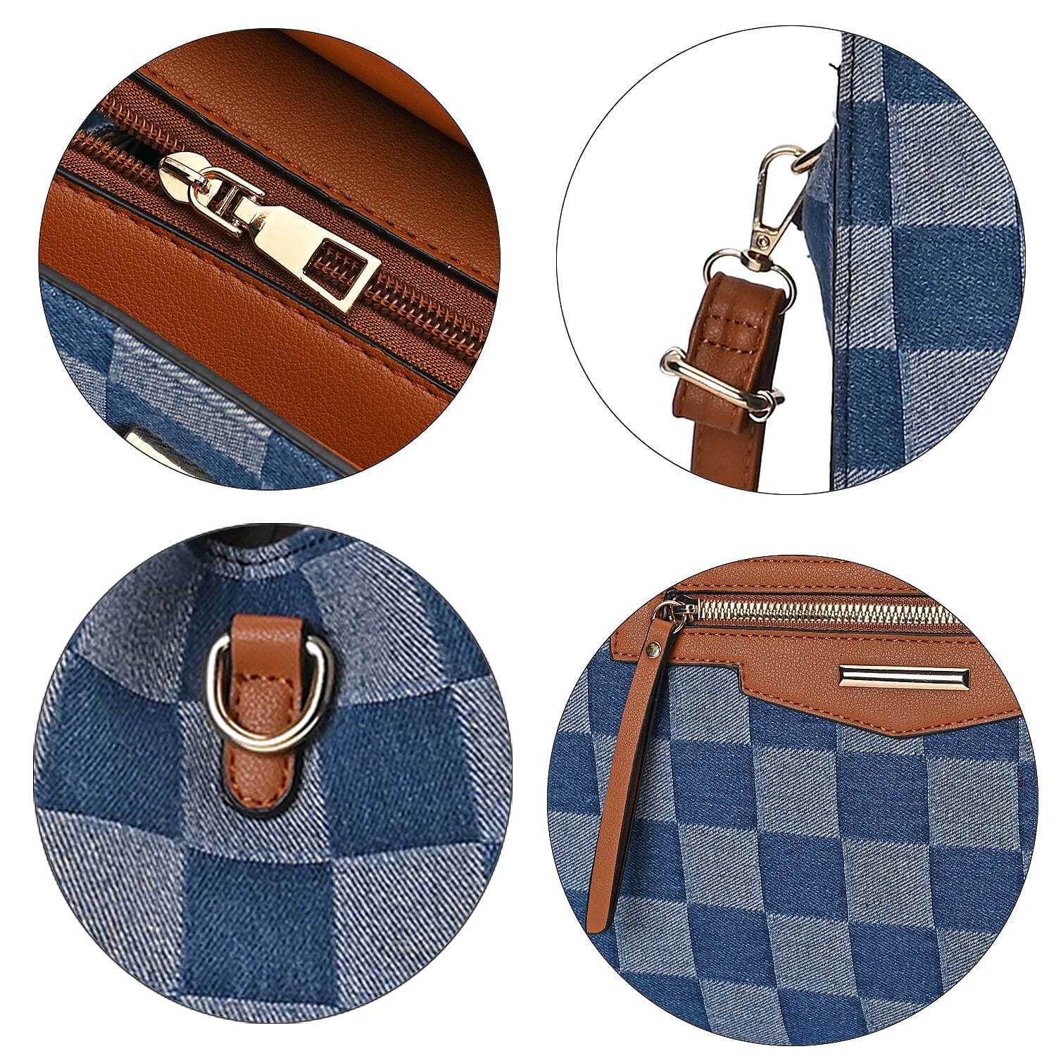 Checker Pattern Crossbody Bag With 2 Exterior Zipper Pockets - Handle Drop - Blue