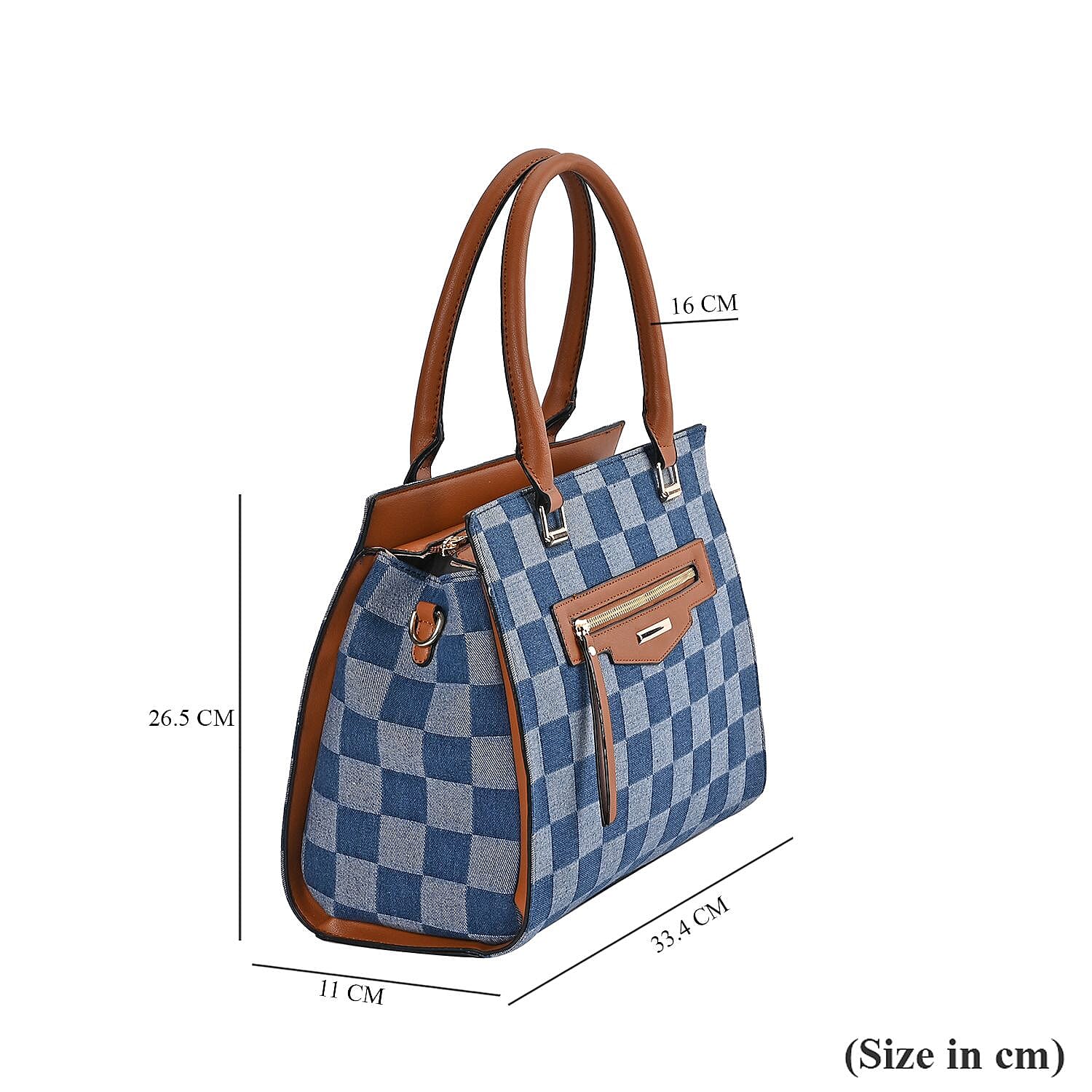 Checker Pattern Crossbody Bag With 2 Exterior Zipper Pockets - Handle Drop - Blue