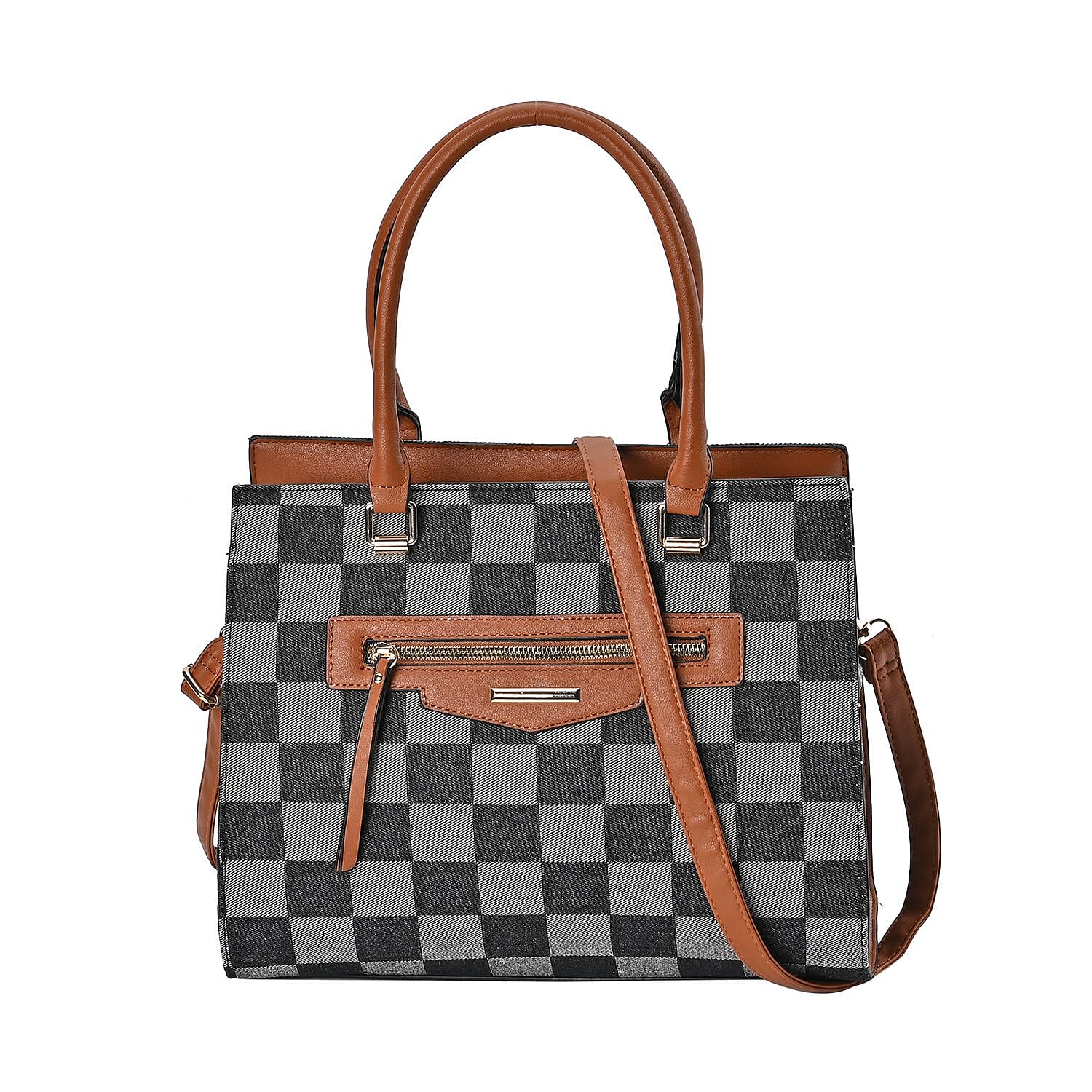 Checker Pattern Crossbody Bag With 2 Exterior Zipper Pockets - Handle Drop - Black