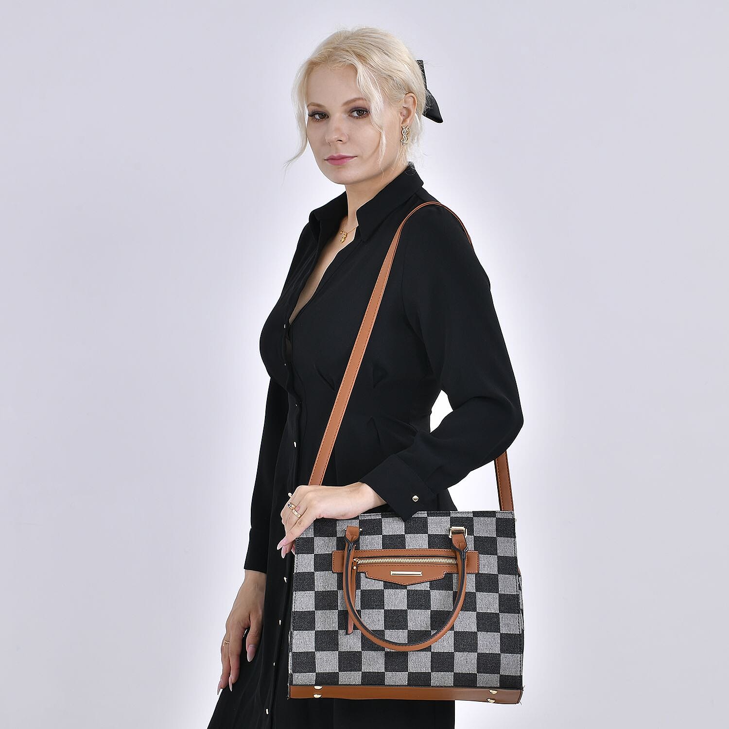 Checker Pattern Crossbody Bag With 2 Exterior Zipper Pockets - Handle Drop - Black
