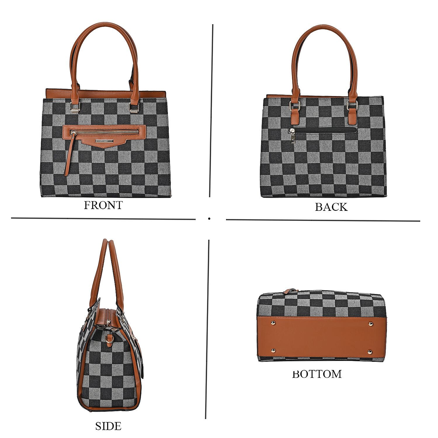 Checker Pattern Crossbody Bag With 2 Exterior Zipper Pockets - Handle Drop - Black