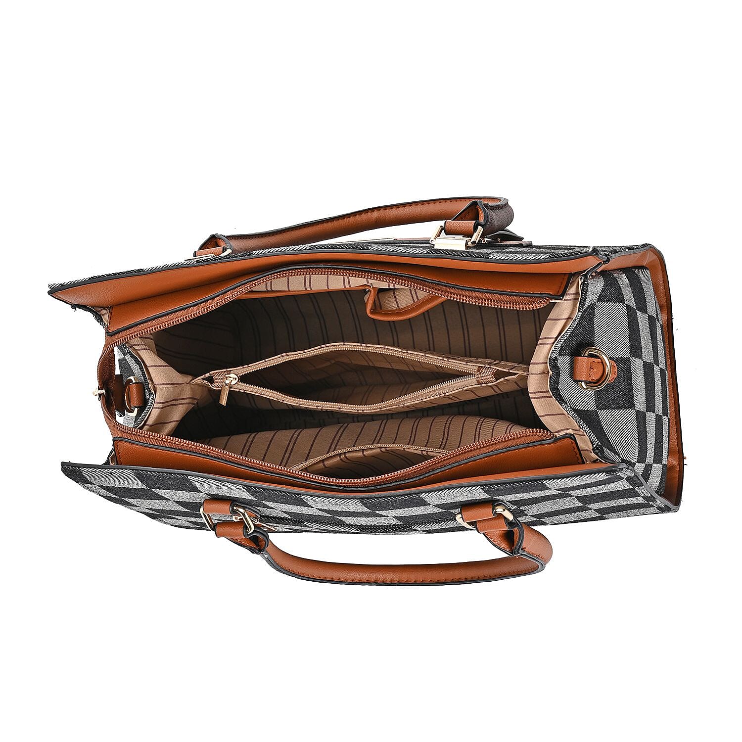 Checker Pattern Crossbody Bag With 2 Exterior Zipper Pockets - Handle Drop - Black