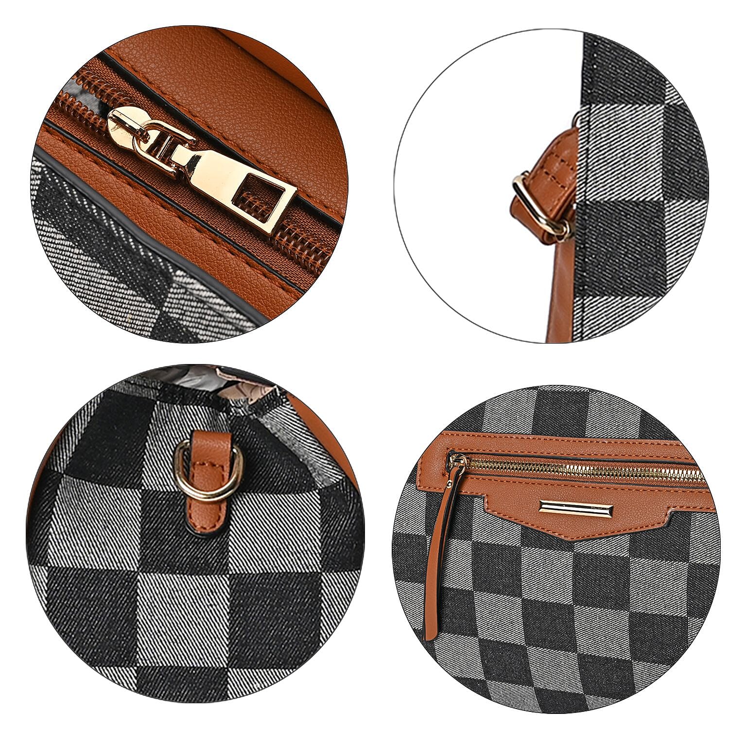 Checker Pattern Crossbody Bag With 2 Exterior Zipper Pockets - Handle Drop - Black