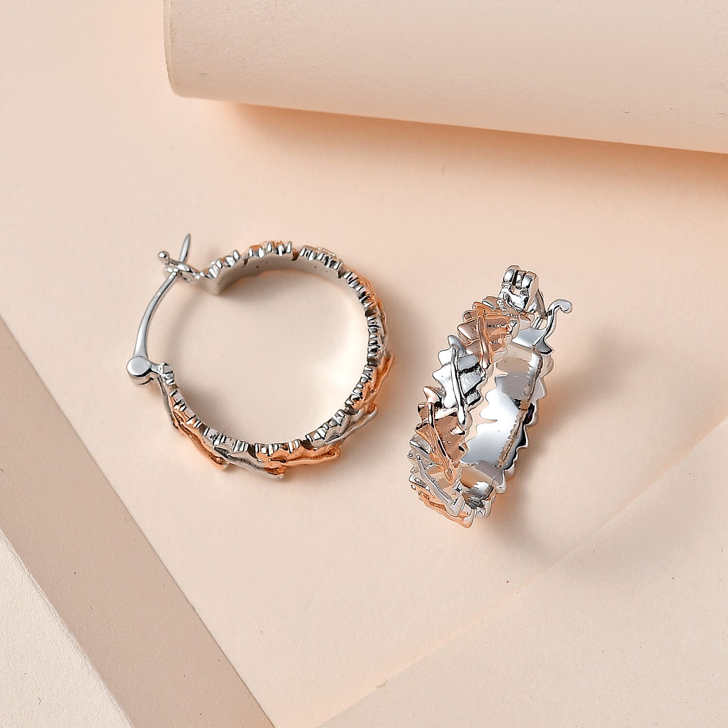 18K Vermeil Rose Gold and Platinum Plated Sterling Silver Hoop Earrings, Silver Wt. 6.73 Gms