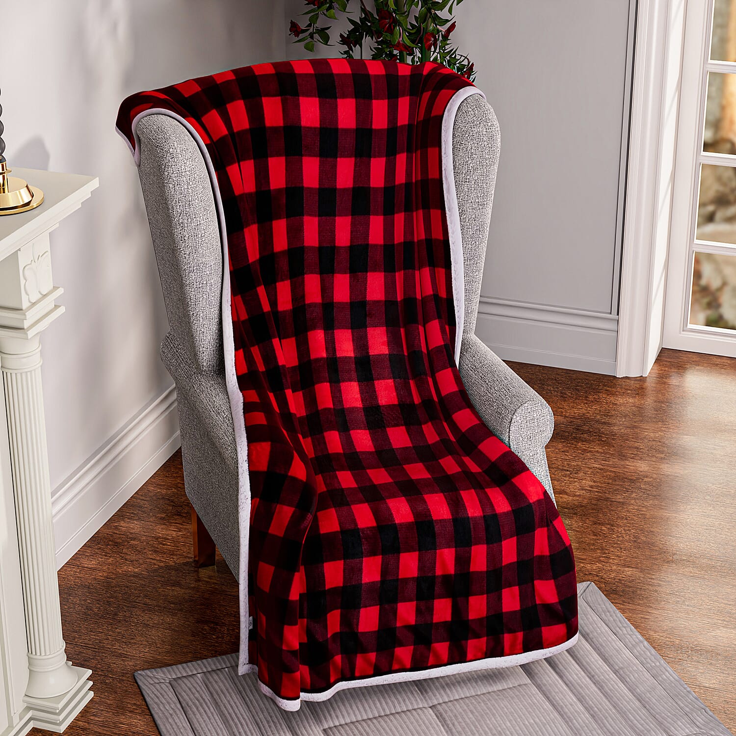 Flannel Check Print with Coloured Sherpa Double Layer Throw - 400Gsm (Size 150x120 cm) - Red & Black