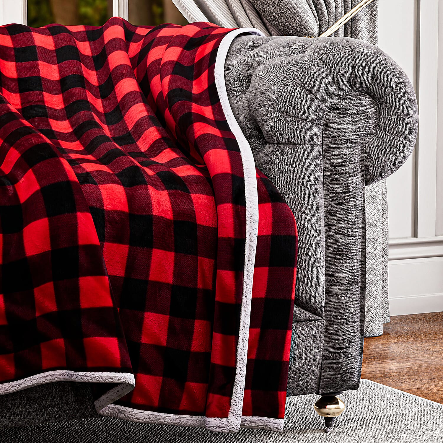 Flannel Check Print with Coloured Sherpa Double Layer Throw - 400Gsm (Size 150x120 cm) - Red & Black