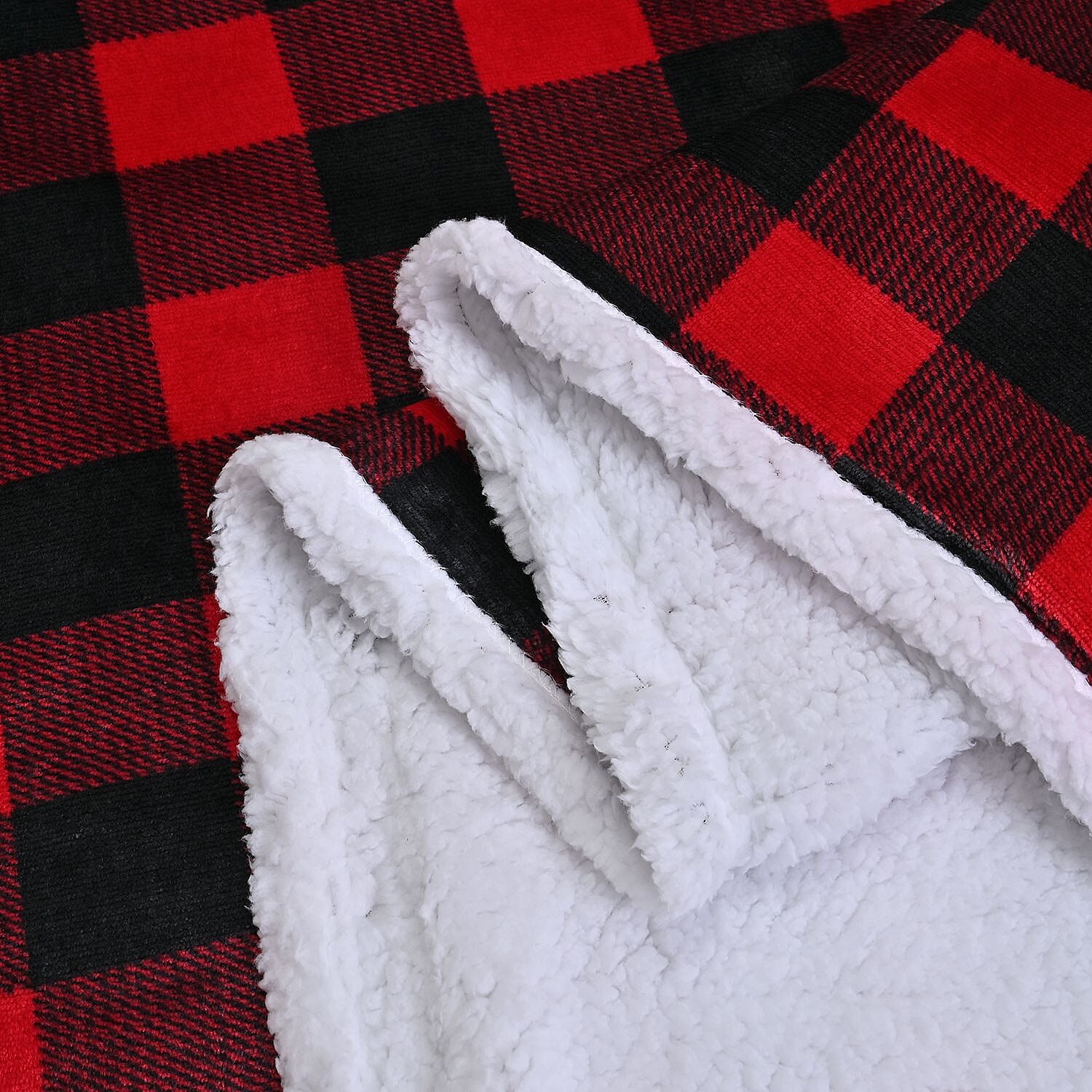 Flannel Check Print with Coloured Sherpa Double Layer Throw - 400Gsm (Size 150x120 cm) - Red & Black