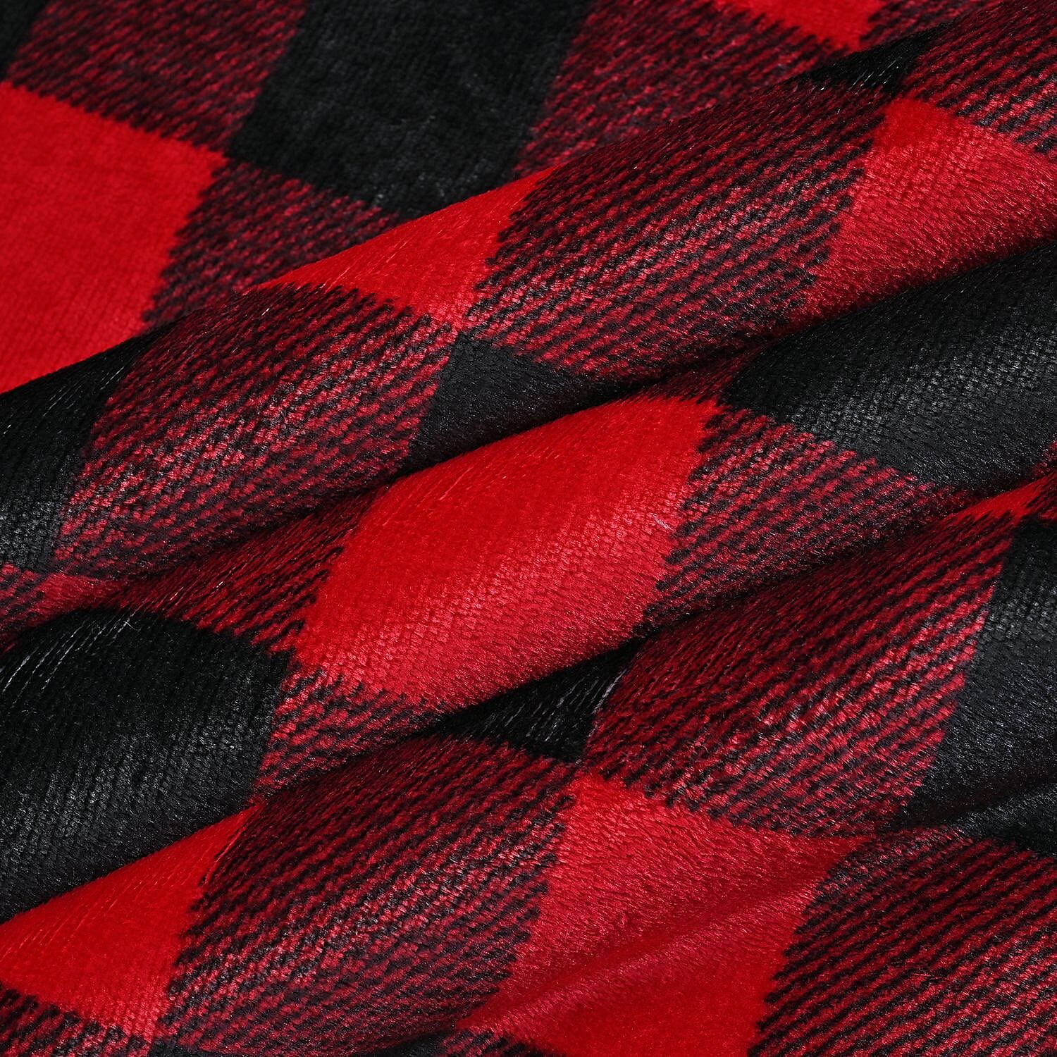 Flannel Check Print with Coloured Sherpa Double Layer Throw - 400Gsm (Size 150x120 cm) - Red & Black