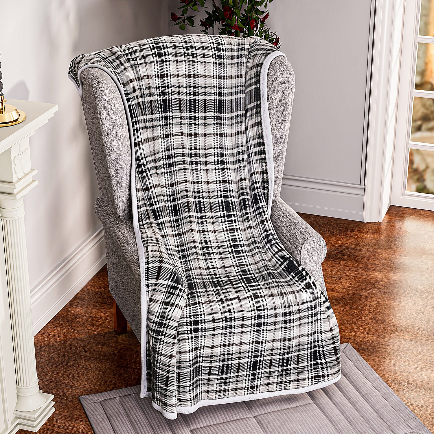 Flannel Check Print with Coloured Sherpa Double Layer Throw - 400Gsm(Size 150x120 cm) - Beige