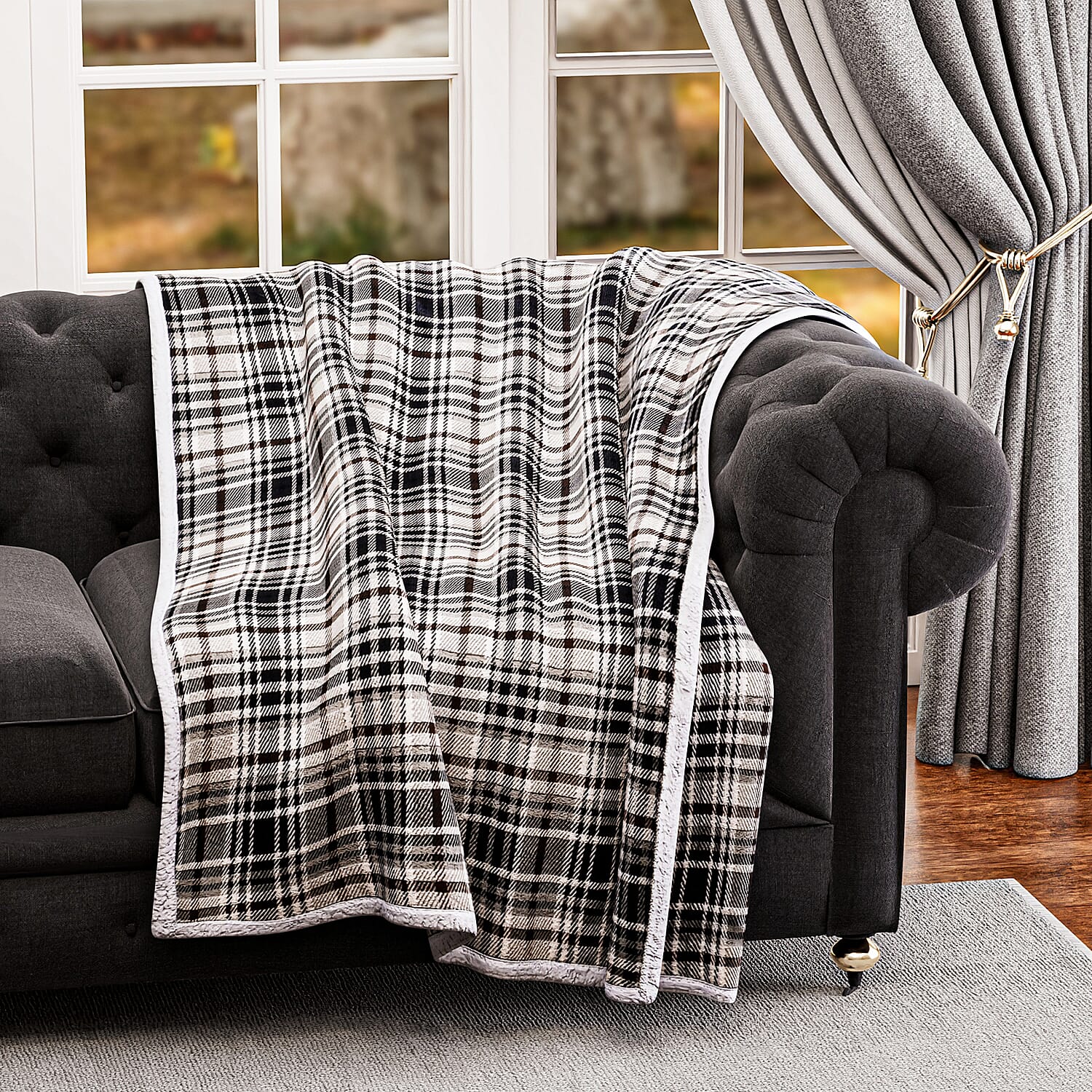 Flannel Check Print with Coloured Sherpa Double Layer Throw - 400Gsm(Size 150x120 cm) - Beige