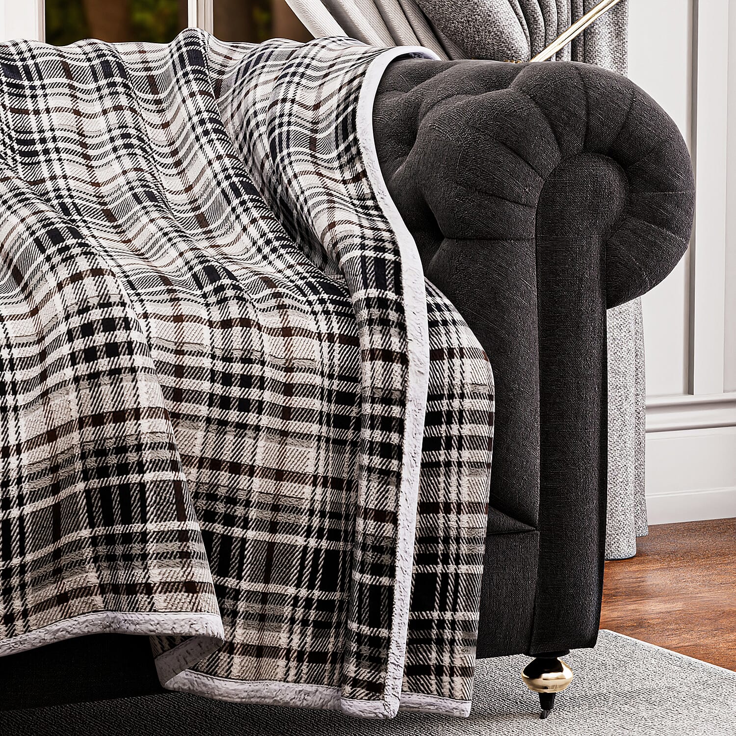 Flannel Check Print with Coloured Sherpa Double Layer Throw - 400Gsm(Size 150x120 cm) - Beige