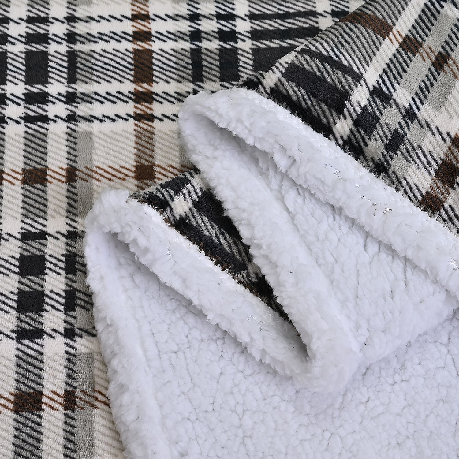 Flannel Check Print with Coloured Sherpa Double Layer Throw - 400Gsm(Size 150x120 cm) - Beige