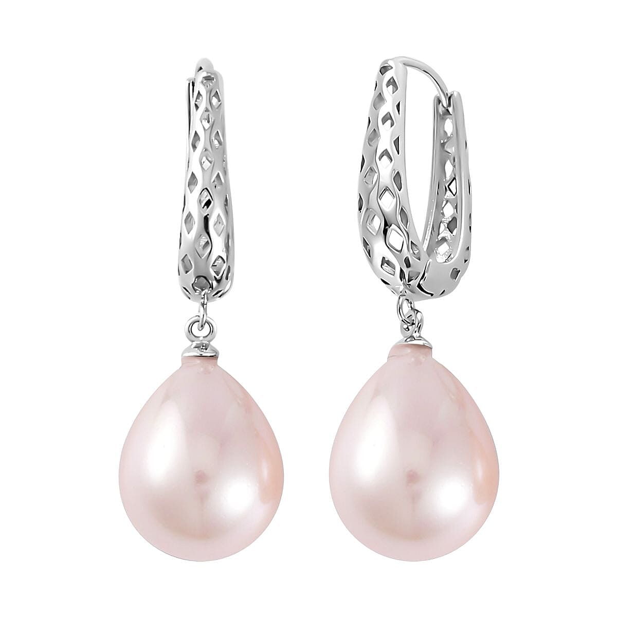 Pink Shell Pearl Drop Earrings in Silver Tone