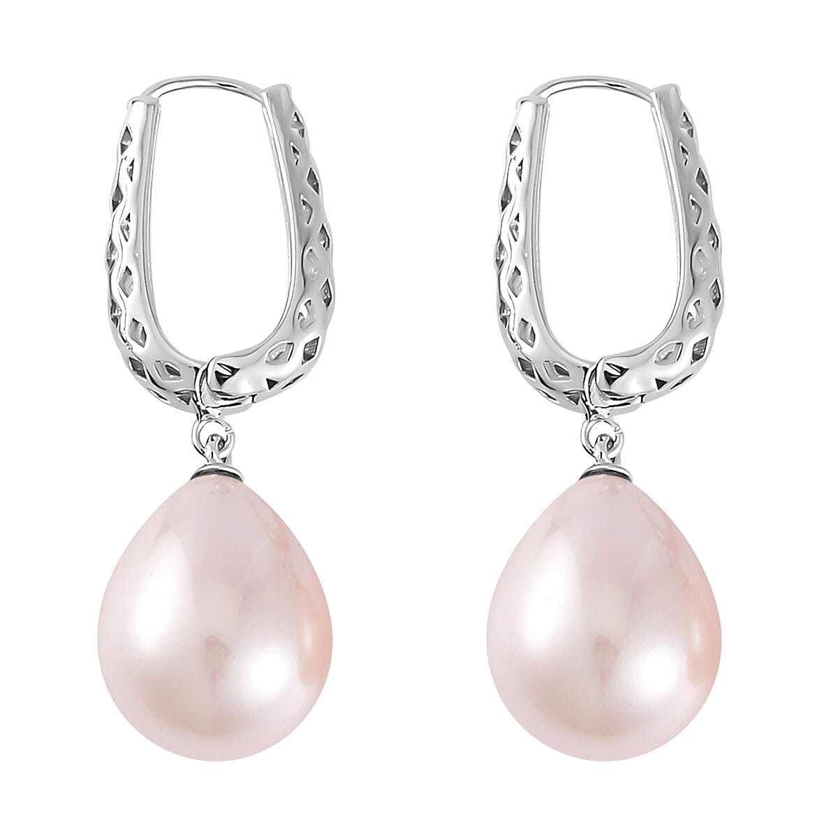 Pink Shell Pearl Drop Earrings in Silver Tone