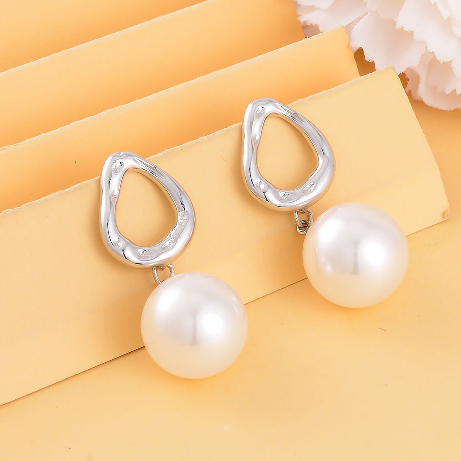 White Shell Pearl Earring (with Hook) in Pure White Brass