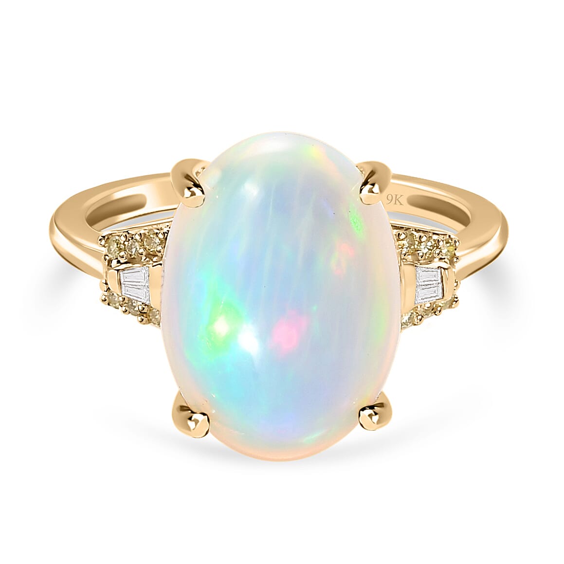9K Yellow Gold Ethiopian Welo Opal & Natural Yellow Diamond Solitaire Ring 3.98 Ct