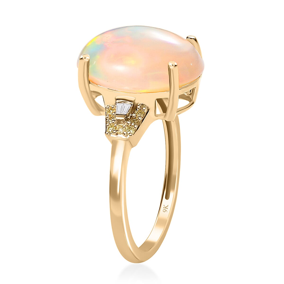 9K Yellow Gold Ethiopian Welo Opal & Natural Yellow Diamond Solitaire Ring 3.98 Ct