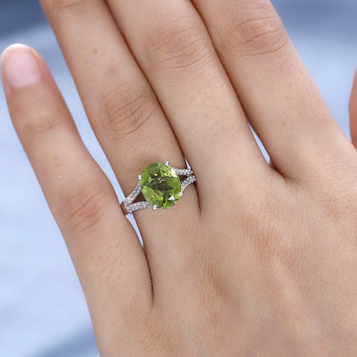 Hebei Peridot and Natural Zircon Stone Ring in Platinum Overlay Sterling Silver 3.70 Ct.