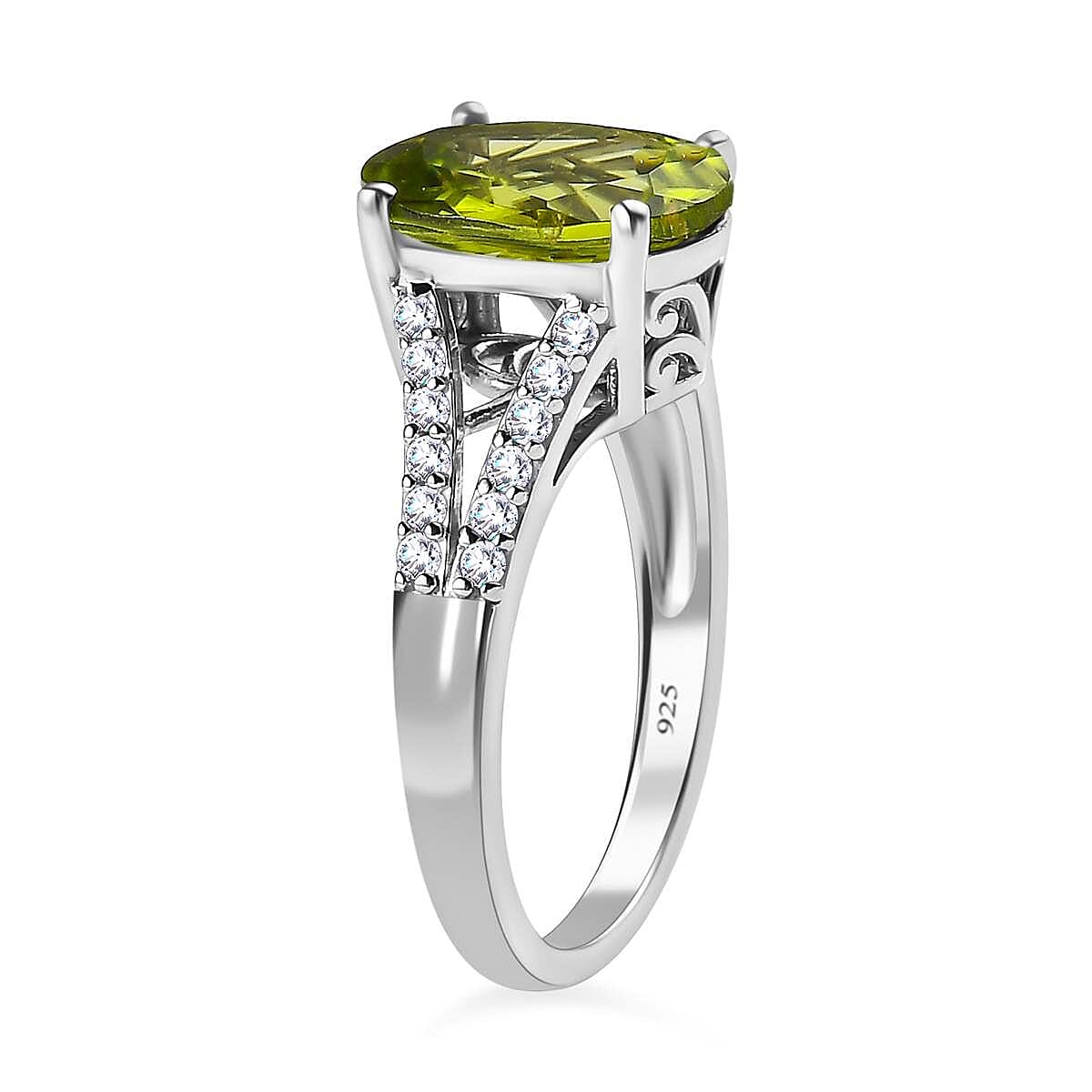 Hebei Peridot and Natural Zircon Stone Ring in Platinum Overlay Sterling Silver 3.70 Ct.