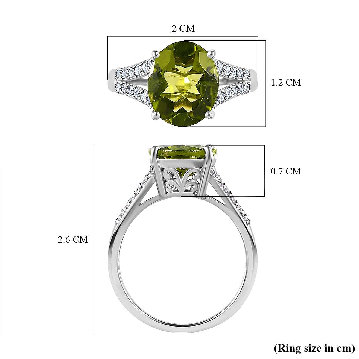 Hebei Peridot and Natural Zircon Stone Ring in Platinum Overlay Sterling Silver 3.70 Ct.