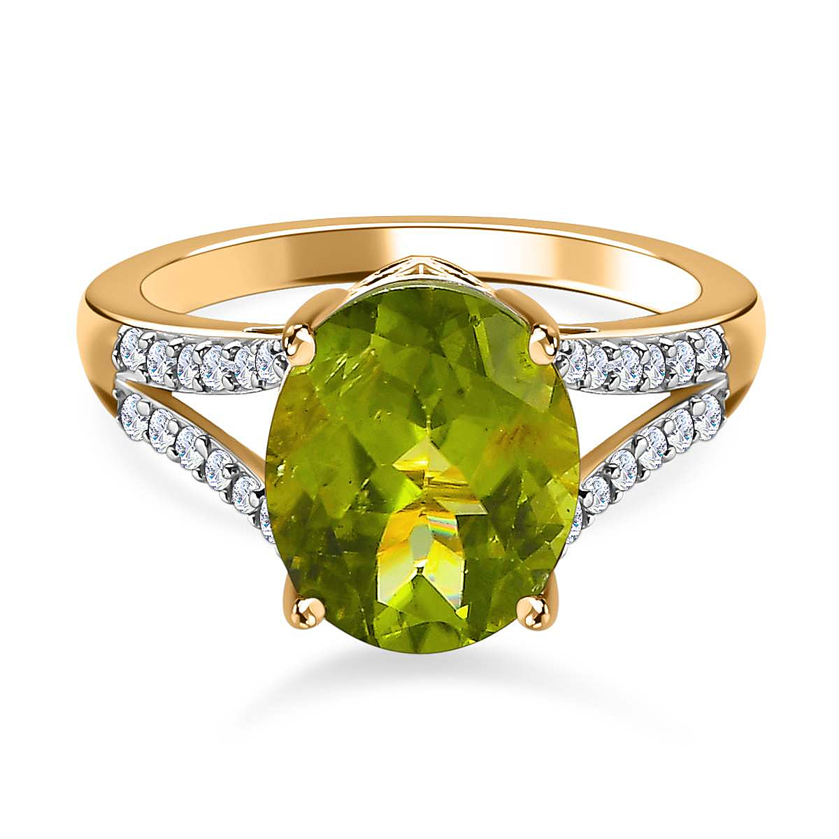 Hebei Peridot and Natural Zircon Stone Ring in 18K Vermeil Yellow Gold Sterling Silver 3.70 Ct.